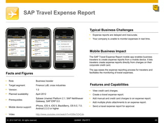 SAP Travel Expense Report


                                                                                       Typical Business Challenges
                                                                                        Expense reports are delayed and inaccurate.
                                                                                        Your company is unable to monitor expenses in real time.




                                                                                       Mobile Business Impact
                                                                                       The SAP Travel Expense Report mobile app enables business
                                                                                       travelers to create expense reports from a mobile device. It lets
                                                                                       travelers create expense reports directly from charges on their
                                                                                       corporate credit card.

                                                                                       The app eases the expense reporting process for travelers and
Facts and Figures                                                                      facilitates the monitoring of travel expenses.


 Role:                           Business traveler
 Target segment:                 Finance LoB; cross industries                            Features and Capabilities
 Version:                        1.0                                                   View credit card charges.
 Planned availability:           April 2012                                            Create a travel expense report.
                                  Sybase Unwired Platform 2.1; SAP NetWeaver            Add manual and credit card charges to an expense report.
 Prerequisites:
                                  Gateway; SAP ERP 6.0                                  Add multiple photo attachments to an expense report.
                                  iPhone, iOS 4, iOS 5; BlackBerry, OS 6.0, 7.0,        Send a travel expense report for approval.
 Mobile device support:
                                  Android 2.3.3 or higher

• Video                           http://www.youtube.com/watch?v=035IcCOrCds

 © 2012 SAP AG. All rights reserved.                                   Updated: 3Apr2012                                                                   29
 