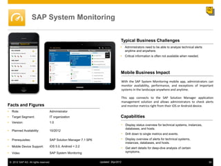 SAP System Monitoring


                                                                                  Typical Business Challenges
                                                                                   Administrators need to be able to analyze technical alerts
                                                                                    anytime and anywhere.
                                                                                   Critical information is often not available when needed.




                                                                                  Mobile Business Impact

                                                                                      With the SAP System Monitoring mobile app, administrators can
                                                                                      monitor availability, performance, and exceptions of important
                                                                                      systems in the landscape anywhere and anytime.

                                                                                      This app connects to the SAP Solution Manager application
                                                                                      management solution and allows administrators to check alerts
Facts and Figures                                                                     and monitor metrics right from their iOS or Android device.
• Role:                            Administrator
• Target Segment:                  IT organization                                Capabilities
• Version:                         1.0
                                                                                  • Display status overview for technical systems, instances,
                                                                                        databases, and hosts.
• Planned Availability:            10/2012
                                                                                  • Drill down to single metrics and events.
• Prerequisites:                   SAP Solution Manager 7.1 SP6                   • Display overview of alerts for technical systems,
                                                                                        instances, databases, and hosts.
• Mobile Device Support:           iOS 5.0, Android < 2.2
                                                                                  • Get alert details for deep-dive analysis of certain
• Video                            SAP System Monitoring                                symptoms.


 © 2012 SAP AG. All rights reserved.                              Updated: 3Apr2012                                                              35
 