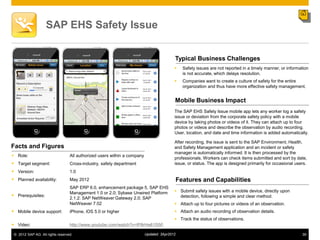 SAP EHS Safety Issue


                                                                                          Typical Business Challenges
                                                                                               Safety issues are not reported in a timely manner, or information
                                                                                                is not accurate, which delays resolution.
                                                                                               Companies want to create a culture of safety for the entire
                                                                                                organization and thus have more effective safety management.


                                                                                          Mobile Business Impact
                                                                                          The SAP EHS Safety Issue mobile app lets any worker log a safety
                                                                                          issue or deviation from the corporate safety policy with a mobile
                                                                                          device by taking photos or videos of it. They can attach up to four
                                                                                          photos or videos and describe the observation by audio recording.
                                                                                          User, location, and date and time information is added automatically.

                                                                                          After recording, the issue is sent to the SAP Environment, Health,
Facts and Figures                                                                         and Safety Management application and an incident or safety
                                                                                          manager is automatically informed. It is then processed by the
 Role:                           All authorized users within a company
                                                                                          professionals. Workers can check items submitted and sort by date,
 Target segment:                 Cross-industry, safety department                       issue, or status. The app is designed primarily for occasional users.
 Version:                        1.0
 Planned availability:           May 2012                                                    Features and Capabilities
                                  SAP ERP 6.0, enhancement package 5, SAP EHS
                                  Management 1.0 or 2.0; Sybase Unwired Platform           Submit safety issues with a mobile device, directly upon
 Prerequisites:                                                                            detection, following a simple and clear method.
                                  2.1.2: SAP NetWeaver Gateway 2.0; SAP
                                  NetWeaver 7.02                                           Attach up to four pictures or videos of an observation.
 Mobile device support:          iPhone, iOS 5.0 or higher                                Attach an audio recording of observation details.
                                                                                           Track the status of observations.
 Video:                          http://www.youtube.com/watch?v=lP8rHa61S50

 © 2012 SAP AG. All rights reserved.                                      Updated: 3Apr2012                                                                  39
 