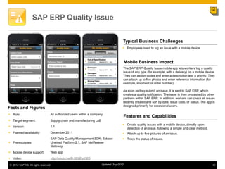 SAP ERP Quality Issue


                                                                                       Typical Business Challenges
                                                                                        Employees need to log an issue with a mobile device.



                                                                                           Mobile Business Impact
                                                                                       The SAP ERP Quality Issue mobile app lets workers log a quality
                                                                                       issue of any type (for example, with a delivery) on a mobile device.
                                                                                       They can assign codes and enter a description and a priority. They
                                                                                       can attach up to five photos and enter reference information (for
                                                                                       example, shipment or order number).

                                                                                       As soon as they submit an issue, it is sent to SAP ERP, which
                                                                                       creates a quality notification. The issue is then processed by other
                                                                                       partners within SAP ERP. In addition, workers can check all issues
                                                                                       recently created and sort by date, issue code, or status. The app is
                                                                                       designed primarily for occasional users.
Facts and Figures
 Role:                           All authorized users within a company
                                                                                           Features and Capabilities
 Target segment:                 Supply chain and manufacturing LoB
                                                                                        Create quality issues with a mobile device, directly upon
 Version:                        1.1
                                                                                         detection of an issue, following a simple and clear method.
 Planned availability:           December 2011                                         Attach up to five pictures of an issue.
                                  SAP Data Quality Management SDK; Sybase               Track the status of issues.
 Prerequisites:                  Unwired Platform 2.1; SAP NetWeaver
                                  Gateway
 Mobile device support:          Web app
 Video:                          http://youtu.be/B-5EbEq43E0

© 2012 SAP AG. All rights reserved.                                    Updated: 3Apr2012                                                                 40
 