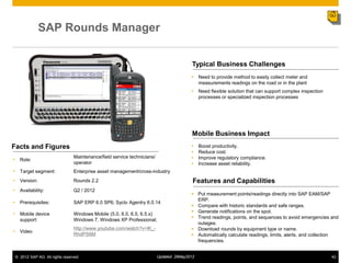 SAP Rounds Manager

                                                                                         Typical Business Challenges
                                                                                          Need to provide method to easily collect meter and
                                                                                           measurements readings on the road or in the plant
                                                                                          Need flexible solution that can support complex inspection
                                                                                           processes or specialized inspection processes




                                                                                         Mobile Business Impact
Facts and Figures                                                                            Boost productivity.
                                                                                             Reduce cost.
                                Maintenance/field service technicians/                       Improve regulatory compliance.
• Role:
                                operator                                                     Increase asset reliability.
• Target segment:               Enterprise asset management/cross-industry
• Version:                      Rounds 2.2                                                Features and Capabilities
• Availability:                 Q2 / 2012
                                                                                          Put measurement points/readings directly into SAP EAM/SAP
                                                                                           ERP.
• Prerequisites:                SAP ERP 6.0 SP6; Syclo Agentry 6.0.14
                                                                                          Compare with historic standards and safe ranges.
                                                                                          Generate notifications on the spot.
• Mobile device                 Windows Mobile (5.0, 6.0, 6.5, 6.5.x)
                                                                                          Trend readings, points, and sequences to avoid emergencies and
   support:                     Windows 7, Windows XP Professional;
                                                                                           outages.
                                http://www.youtube.com/watch?v=lK_-                       Download rounds by equipment type or name.
• Video
                                RhdPS6M                                                   Automatically calculate readings, limits, alerts, and collection
                                                                                           frequencies.


 © 2012 SAP AG. All rights reserved.                                     Updated: 29May2012                                                             42
 