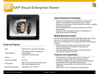 SAP Visual Enterprise Viewer


                                                                                       Typical Business Challenges
                                                                                        Creation and maintenance of paper-based or electronic 2D
                                                                                         technical documentation require excessive text, multiple
                                                                                         illustrations and/or photos to install, assemble, maintain, or upgrade
                                                                                         products and equipment.
                                                                                        Ineffective deployment and portability of legacy 2D technical
                                                                                         documentation
                                                                                        Excessive costs of language translation and distribution of
                                                                                         traditional technical documentation

                                                                                       Mobile Business Impact
                                                                                       The SAP Visual Enterprise Viewer mobile app enables users to view,
                                                                                       zoom, pan, and rotate interactive 3D data, play step-by-step
                                                                                       animations, and visualize content created with SAP Visual Enterprise
                                                                                       products.
Facts and Figures                                                                       Increased uptime of mission-critical products and assets
                                                                                        improved productivity and utilization of assembly and
• Role:                            Maintenance or shop floor technicians                  maintenance technicians
                                                                                        Improved quality and reduced time to market with clarity in
                                   LoB enterprise asset management/                       processes and consistent execution
• Target Segment:                  product lifecyle
                                   management/manufacturing                             Features and Capabilities
• Version:                         1.0.0                                               • View interactive, animated step-by-step 3D visual work
                                                                                         instructions created in SAP Visual Enterprise Author.
• Planned Availability:            Q3, 2012
                                                                                        Visualize and interact with large complex 3D CAD assemblies
                                   SAP Visual Enterprise Generator and/or                converted with SAP Visual Enterprise Generator.
• Prerequisites:                                                                        Select parts or assemblies to view CAD and SAP business
                                   SAP Visual Enterprise Author
                                                                                         information.
• Mobile Device Support:           Apple iPad 2 and 3, iOS 5.1+                         Search, hide, show, and isolate parts and assemblies.


  © 2012 SAP AG. All rights reserved.                                 Updated: 17Sept2012                                                                44
 