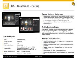 SAP Customer Briefing


                                                                                  Typical Business Challenges
                                                                                   Because sales executives meet customers as required, often on
                                                                                    an irregular basis, they need to be ready for meetings on short
                                                                                    notice and be confident that they have all the knowledge needed
                                                                                    to increase sales or deepen the customer relationship.
                                                                                   Sales executives want to be independent of locations, other
                                                                                    people, and time.


                                                                                  Mobile Business Impact
                                                                                  With the SAP Customer Briefing mobile app, you get the facts and
                                                                                  figures you need to prepare for a successful customer meeting,
                                                                                  anywhere and anytime. The app connects to SAP CRM and gives
                                                                                  sales executives a detailed view of the customer‟s business always
                                                                                  at their fingertips.

Facts and Figures
 Role:                            Sales executives                                   Features and Capabilities
 Target segment:                  Sales LoB                                       Read up on the latest news and biographies of the people who
                                                                                    are key to your success.
 Version:                         1.0
                                                                                   Read up on the latest news about a customer and the customer‟s
 Planned availability:            March 2012                                       business.
                                   SAP Data Quality Management SDK;                View an analysis of the business history you share with your
 Prerequisites:                   Sybase Unwired Platform 2.1.2; SAP               customer.
                                   NetWeaver Gateway 2.0; SAP CRM 7.0
                                                                                   Display issues that affect customer satisfaction.
 Mobile device support:           iPad 1, 2; iOS 4.2 or higher
                                                                                   Display open opportunities, opportunities won, and opportunities
 Video:                           http://youtu.be/9Y2alMSdQ8c                      lost.

 © 2012 SAP AG. All rights reserved.                              Updated: 3Apr2012                                                                51
 