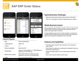 SAP ERP Order Status


                                                                                          Typical Business Challenges
                                                                                           Sales reps need quick and easy online access to order data.
                                                                                           There is no meaningful overall and shipping status at a glance.




                                                                                              Mobile Business Impact
                                                                                              When a customer asks “Where's my order?” during a customer visit,
                                                                                              the SAP ERP Order Status mobile app lets sales reps track the
                                                                                              status of the sales order on the spot.

                                                                                              The app addresses a key concern of the customer in a timely and
                                                                                              proactive fashion. Sales reps can check the sales order status at a
                                                                                              glance and understand immediately if there are issues.


Facts & Figures
 Role:                               Sales representative                                    Features and Capabilities
 Target segment:                     Sales LoB
                                                                                           Find sales orders using the “My Customers” list or directly by
 Version:                            2.1                                                   order number.
 Planned availability:               December 2011                                        Check status at a glance and understand immediately if there are
                                                                                            issues like a delivery block.
                                      Sybase Unwired Platform 2.1; SAP NetWeaver
 Prerequisites:                                                                           Check the shipping status to see if ordered goods have been
                                      Gateway 2.0; SAP ERP 6.0
                                                                                            issued.
                                      iPhone 3GS; iPhone 4; iPod touch, third
 Mobile device support:                                                                   Call or mail in-house contact to solve issues.
                                      generation: iPod touch, fourth generation
 Video:                              http://youtu.be/jAxv1SdbfLw
© 2012 SAP AG. All rights reserved.                                       Updated: 3Apr2012                                                                    53
 