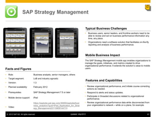 SAP Strategy Management


                                                                                        Typical Business Challenges
                                                                                         Business users, senior leaders, and frontline workers need to be
                                                                                          able to review and act on business performance information any
                                                                                          time, any place.
                                                                                         Organizations need a software solution that facilitates on-the-fly
                                                                                          reporting and analysis of business performance.



                                                                                        Mobile Business Impact
                                                                                        The SAP Strategy Management mobile app enables organizations to
                                                                                        manage the goals, initiatives, and metrics created to drive
                                                                                        organizational performance. It extends the solution‟s value to mobile
Facts and Figures                                                                       users.

• Role:                          Business analysts, senior managers, others
• Target segment:                LoB and industry agnostic
                                                                                            Features and Capabilities
• Version:                       1.3

• Planned availability:          February 2012                                          • Review organizational performance, and initiate course correcting
                                                                                          actions as needed.
• Prerequisites:                 SAP Strategy Management 7.5 or later                   • Respond to alerts and status updates.
                                                                                        • Participate in threaded discussions related to organizational
• Mobile device support:         iPad
                                                                                          performance.
                                 https://saptube.pal.sap.corp:50000/saptube/busi        • Review organizational performance data while disconnected from
                                 ness_analytics?guid=iPad_Application_for_Strat           your organization‟s network – while on a plane, for example.
• Video:
                                 egy_Management20110809144710

 © 2012 SAP AG. All rights reserved.                                    Updated: 4Apr2012                                                                 81
 