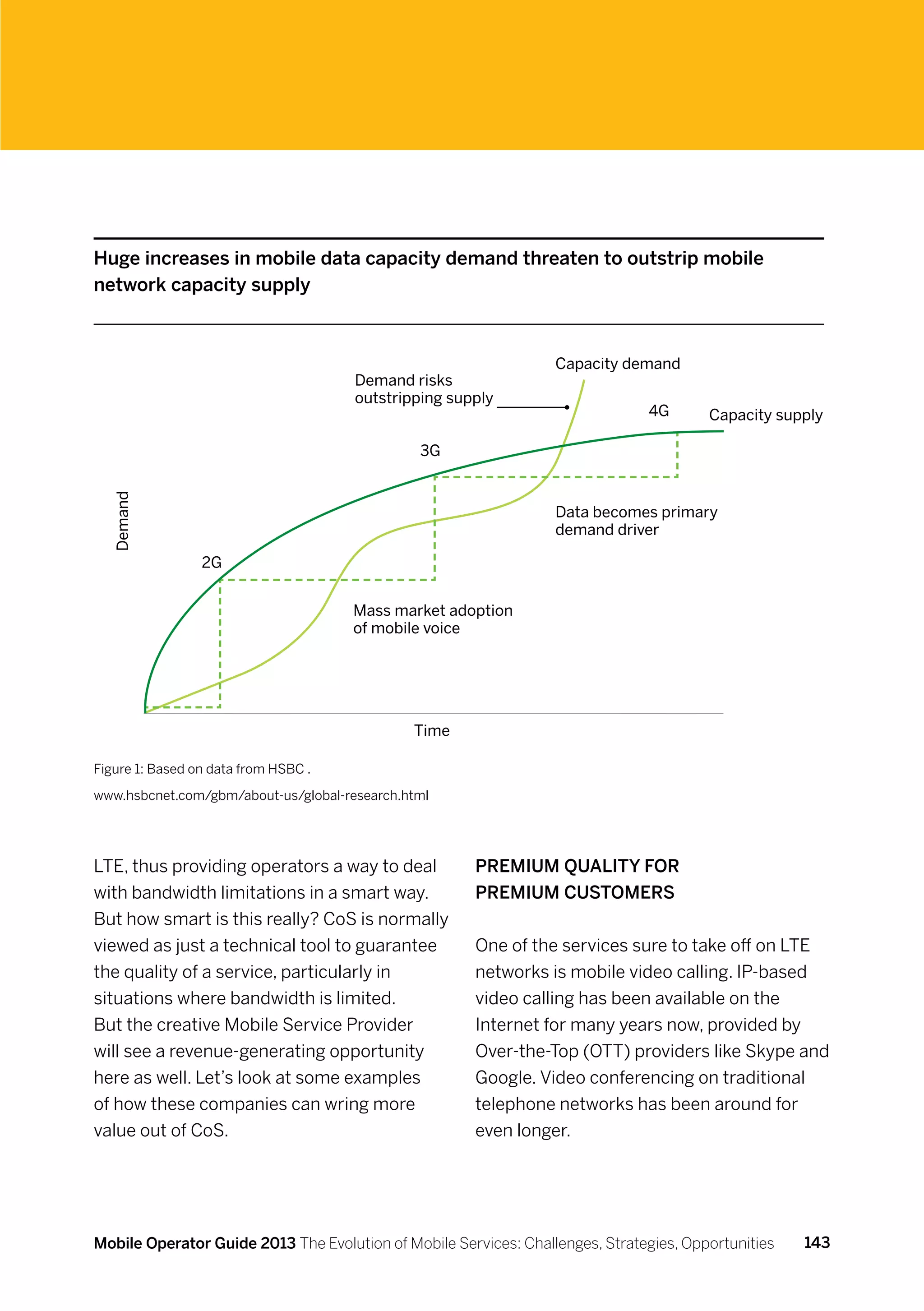 Huge increases in mobile data capacity demand threaten to outstrip mobile
network capacity supply



                                                                  Capacity demand
                                      Demand risks
                                      outstripping supply
                                                                               4G       Capacity supply

                                               3G
  Demand




                                                                  Data becomes primary
                                                                  demand driver

                 2G


                                      Mass market adoption
                                      of mobile voice




                                              Time

Figure 1: Based on data from HSBC .

www.hsbcnet.com/gbm/about-us/global-research.html




LTE, thus providing operators a way to deal           Premium quality for
with bandwidth limitations in a smart way.            premium customers
But how smart is this really? CoS is normally
viewed as just a technical tool to guarantee          One of the services sure to take off on LTE
the quality of a service, particularly in             networks is mobile video calling. IP-based
situations where bandwidth is limited.                video calling has been available on the
But the creative Mobile Service Provider              Internet for many years now, provided by
will see a revenue-generating opportunity             Over-the-Top (OTT) providers like Skype and
here as well. Let’s look at some examples             Google. Video conferencing on traditional
of how these companies can wring more                 telephone networks has been around for
value out of CoS.                                     even longer.




Mobile Operator Guide 2013 The Evolution of Mobile Services: Challenges, Strategies, Opportunities   143
 