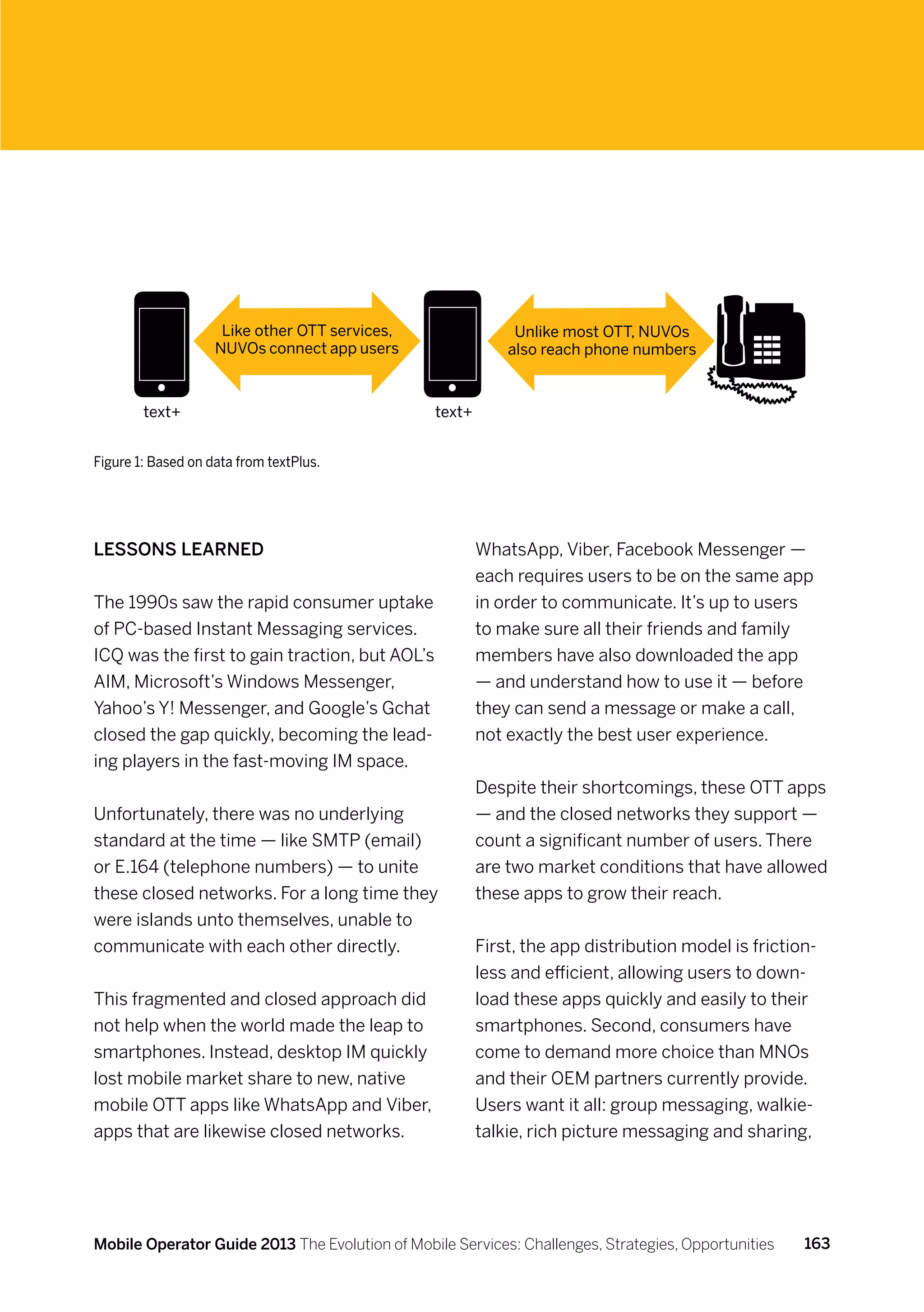 Like other OTT services,                 Unlike most OTT, NUVOs
                    NUVOs connect app users                  also reach phone numbers



        text+                                    text+


Figure 1: Based on data from textPlus.




Lessons learned                                          WhatsApp, Viber, Facebook Messenger —
                                                         each requires users to be on the same app
The 1990s saw the rapid consumer uptake                  in order to communicate. It’s up to users
of PC-based Instant Messaging services.                  to make sure all their friends and family
ICQ was the first to gain traction, but AOL’s            members have also downloaded the app
AIM, Microsoft’s Windows Messenger,                      — and understand how to use it — before
Yahoo’s Y! Messenger, and Google’s Gchat                 they can send a message or make a call,
closed the gap quickly, becoming the lead-               not exactly the best user experience.
ing players in the fast-moving IM space.
                                                         Despite their shortcomings, these OTT apps
Unfortunately, there was no underlying                   — and the closed networks they support —
standard at the time — like SMTP (email)                 count a significant number of users. There
or E.164 (telephone numbers) — to unite                  are two market conditions that have allowed
these closed networks. For a long time they              these apps to grow their reach.
were islands unto themselves, unable to
communicate with each other directly.                    First, the app distribution model is friction-
                                                         less and efficient, allowing users to down-
This fragmented and closed approach did                  load these apps quickly and easily to their
not help when the world made the leap to                 smartphones. Second, consumers have
smartphones. Instead, desktop IM quickly                 come to demand more choice than MNOs
lost mobile market share to new, native                  and their OEM partners currently provide.
mobile OTT apps like WhatsApp and Viber,                 Users want it all: group messaging, walkie-
apps that are likewise closed networks.                  talkie, rich picture messaging and sharing,




Mobile Operator Guide 2013 The Evolution of Mobile Services: Challenges, Strategies, Opportunities   163
 