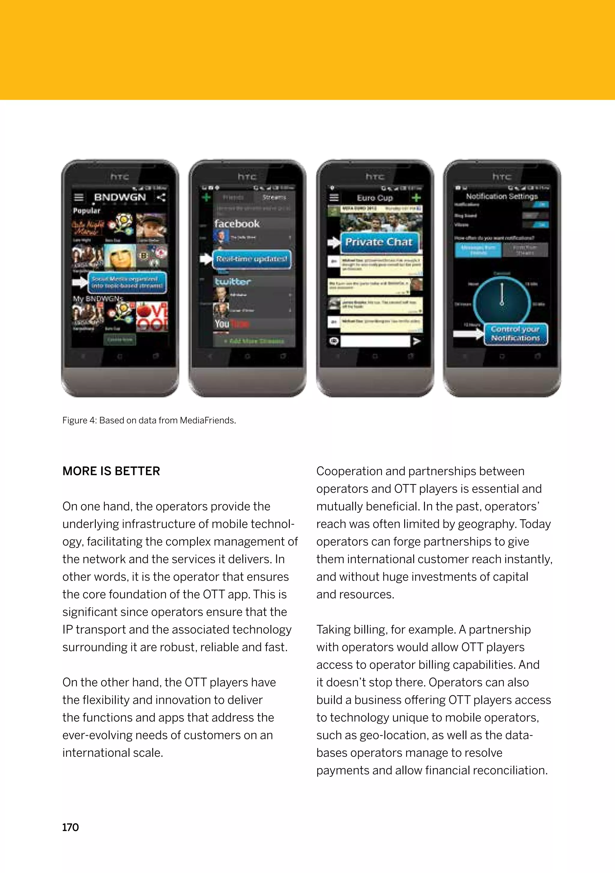 Figure 4: Based on data from MediaFriends.




More is better                                  Cooperation and partnerships between
                                                operators and OTT players is essential and
On one hand, the operators provide the          mutually beneficial. In the past, operators’
underlying infrastructure of mobile technol-    reach was often limited by geography. Today
ogy, facilitating the complex management of     operators can forge partnerships to give
the network and the services it delivers. In    them international customer reach instantly,
other words, it is the operator that ensures    and without huge investments of capital
the core foundation of the OTT app. This is     and resources.
significant since operators ensure that the
IP transport and the associated technology      Taking billing, for example. A partnership
surrounding it are robust, reliable and fast.   with operators would allow OTT players
                                                access to operator billing capabilities. And
On the other hand, the OTT players have         it doesn’t stop there. Operators can also
the flexibility and innovation to deliver       build a business offering OTT players access
the functions and apps that address the         to technology unique to mobile operators,
ever-evolving needs of customers on an          such as geo-location, as well as the data-
international scale.                            bases operators manage to resolve
                                                payments and allow financial reconciliation.



170
 