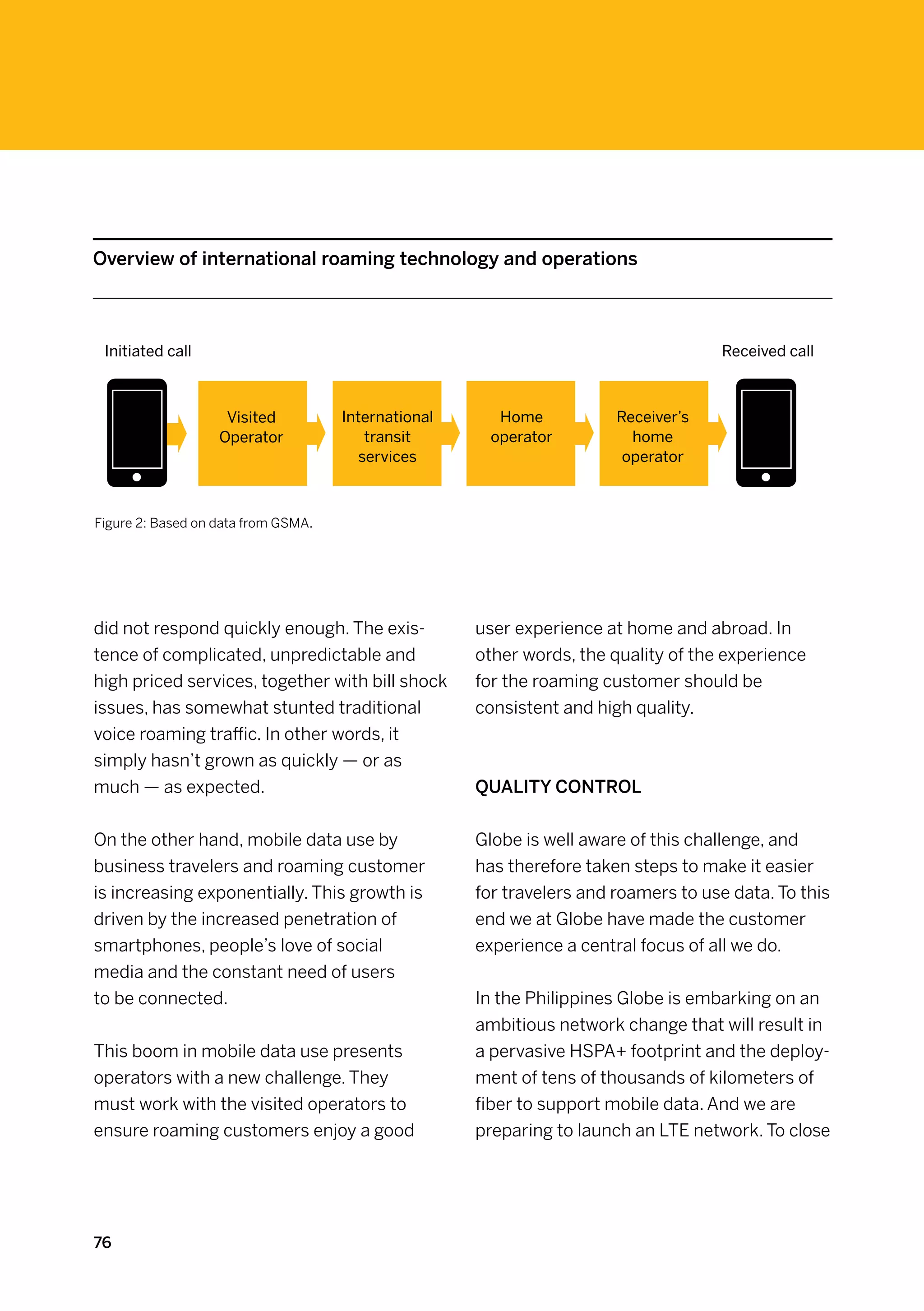 Overview of international roaming technology and operations



 Initiated call                                                                     Received call



                    Visited          International     Home            Receiver’s
                   Operator              transit      operator           home
                                        services                        operator



Figure 2: Based on data from GSMA.




did not respond quickly enough. The exis-            user experience at home and abroad. In
tence of complicated, unpredictable and              other words, the quality of the experience
high priced services, together with bill shock       for the roaming customer should be
issues, has somewhat stunted traditional             consistent and high quality.
voice roaming traffic. In other words, it
simply hasn’t grown as quickly — or as
much — as expected.                                  Quality control


On the other hand, mobile data use by                Globe is well aware of this challenge, and
business travelers and roaming customer              has therefore taken steps to make it easier
is increasing exponentially. This growth is          for travelers and roamers to use data. To this
driven by the increased penetration of               end we at Globe have made the customer
smartphones, people’s love of social                 experience a central focus of all we do.
media and the constant need of users
to be connected.                                     In the Philippines Globe is embarking on an
                                                     ambitious network change that will result in
This boom in mobile data use presents                a pervasive HSPA+ footprint and the deploy-
operators with a new challenge. They                 ment of tens of thousands of kilometers of
must work with the visited operators to              fiber to support mobile data. And we are
ensure roaming customers enjoy a good                preparing to launch an LTE network. To close




76
 