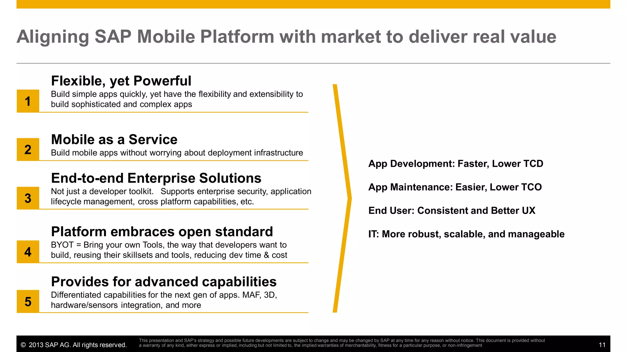Aligning SAP Mobile Platform with market to deliver real value
Flexible, yet Powerful
1

2

Build simple apps quickly, yet have the flexibility and extensibility to
build sophisticated and complex apps

Mobile as a Service
Build mobile apps without worrying about deployment infrastructure

App Development: Faster, Lower TCD

End-to-end Enterprise Solutions
3

Not just a developer toolkit. Supports enterprise security, application
lifecycle management, cross platform capabilities, etc.

App Maintenance: Easier, Lower TCO
End User: Consistent and Better UX

Platform embraces open standard
4

IT: More robust, scalable, and manageable

BYOT = Bring your own Tools, the way that developers want to
build, reusing their skillsets and tools, reducing dev time & cost

Provides for advanced capabilities
5

Differentiated capabilities for the next gen of apps. MAF, 3D,
hardware/sensors integration, and more

© 2013 SAP AG. All rights reserved.

This presentation and SAP‘s strategy and possible future developments are subject to change and may be changed by SAP at any time for any reason without notice. This document is provided without
a warranty of any kind, either express or implied, including but not limited to, the implied warranties of merchantability, fitness for a particular purpose, or non-infringement

11

 