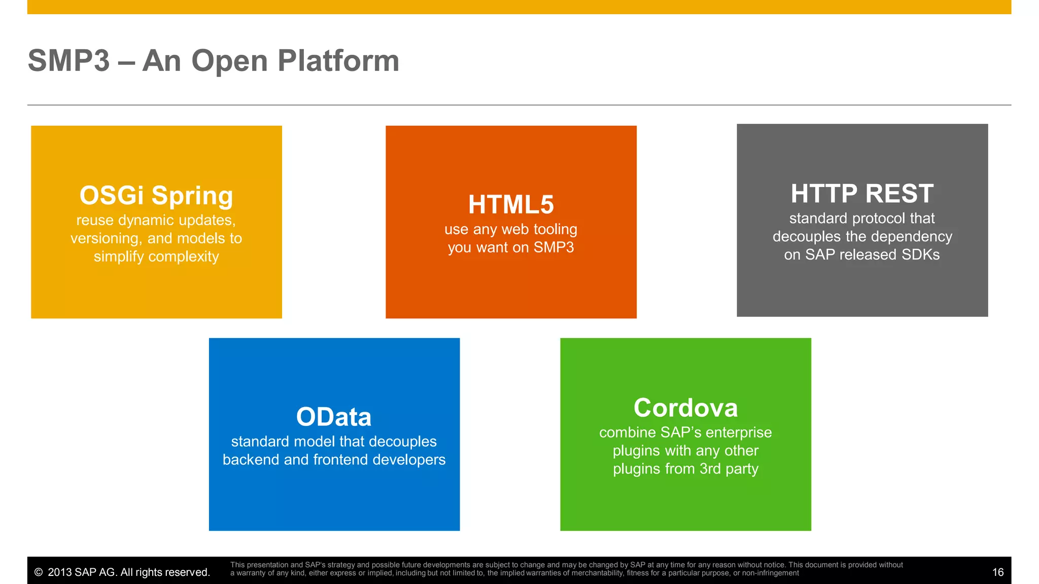 SMP3 – An Open Platform

OSGi Spring
reuse dynamic updates,
versioning, and models to
simplify complexity

standard protocol that
decouples the dependency
on SAP released SDKs

use any web tooling
you want on SMP3

OData
standard model that decouples
backend and frontend developers

© 2013 SAP AG. All rights reserved.

HTTP REST

HTML5

Cordova
combine SAP’s enterprise
plugins with any other
plugins from 3rd party

This presentation and SAP‘s strategy and possible future developments are subject to change and may be changed by SAP at any time for any reason without notice. This document is provided without
a warranty of any kind, either express or implied, including but not limited to, the implied warranties of merchantability, fitness for a particular purpose, or non-infringement

16

 
