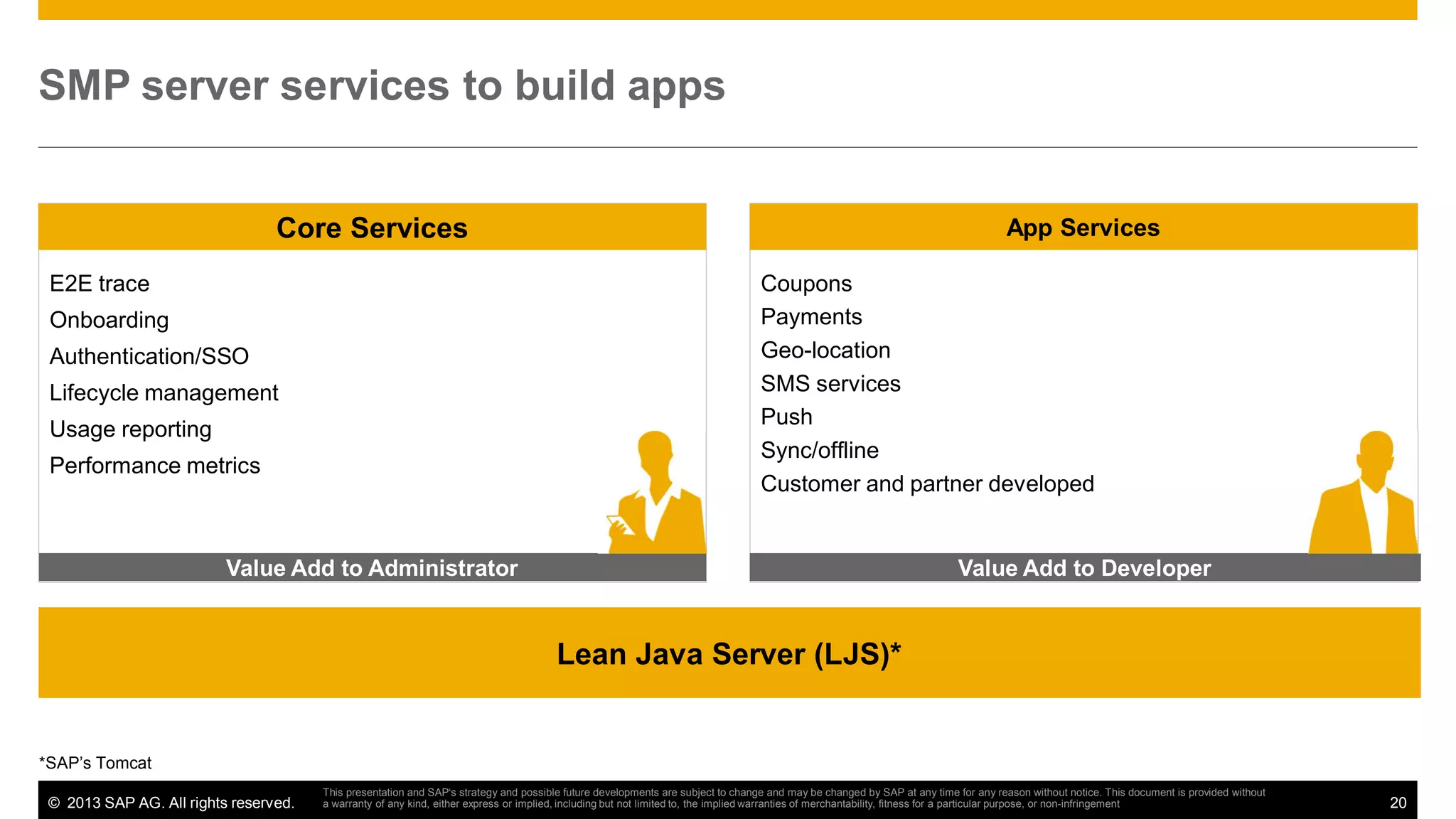 SMP server services to build apps

Core Services
E2E trace

App Services
Coupons
Payments
Geo-location
SMS services
Push
Sync/offline
Customer and partner developed

Onboarding
Authentication/SSO
Lifecycle management
Usage reporting
Performance metrics

Value Add to Administrator

Value Add to Developer

Lean Java Server (LJS)*

*SAP’s Tomcat
© 2013 SAP AG. All rights reserved.

This presentation and SAP‘s strategy and possible future developments are subject to change and may be changed by SAP at any time for any reason without notice. This document is provided without
a warranty of any kind, either express or implied, including but not limited to, the implied warranties of merchantability, fitness for a particular purpose, or non-infringement

20

 