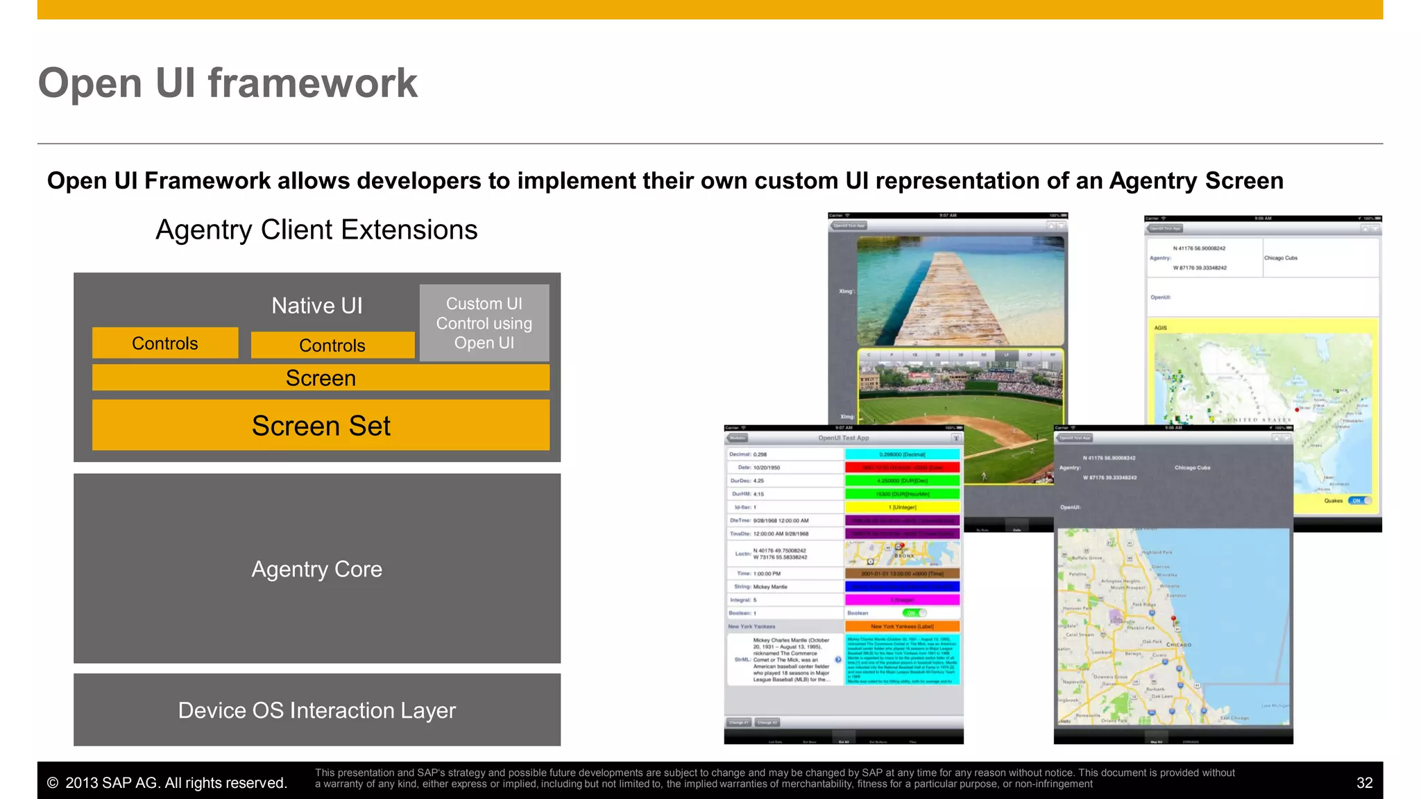 Open UI framework
Open UI Framework allows developers to implement their own custom UI representation of an Agentry Screen

Agentry Client Extensions
Native UI
Controls

Controls

Custom UI
Control using
Open UI

Screen

Screen Set

Agentry Core

Device OS Interaction Layer
© 2013 SAP AG. All rights reserved.

This presentation and SAP‘s strategy and possible future developments are subject to change and may be changed by SAP at any time for any reason without notice. This document is provided without
a warranty of any kind, either express or implied, including but not limited to, the implied warranties of merchantability, fitness for a particular purpose, or non-infringement

32

 