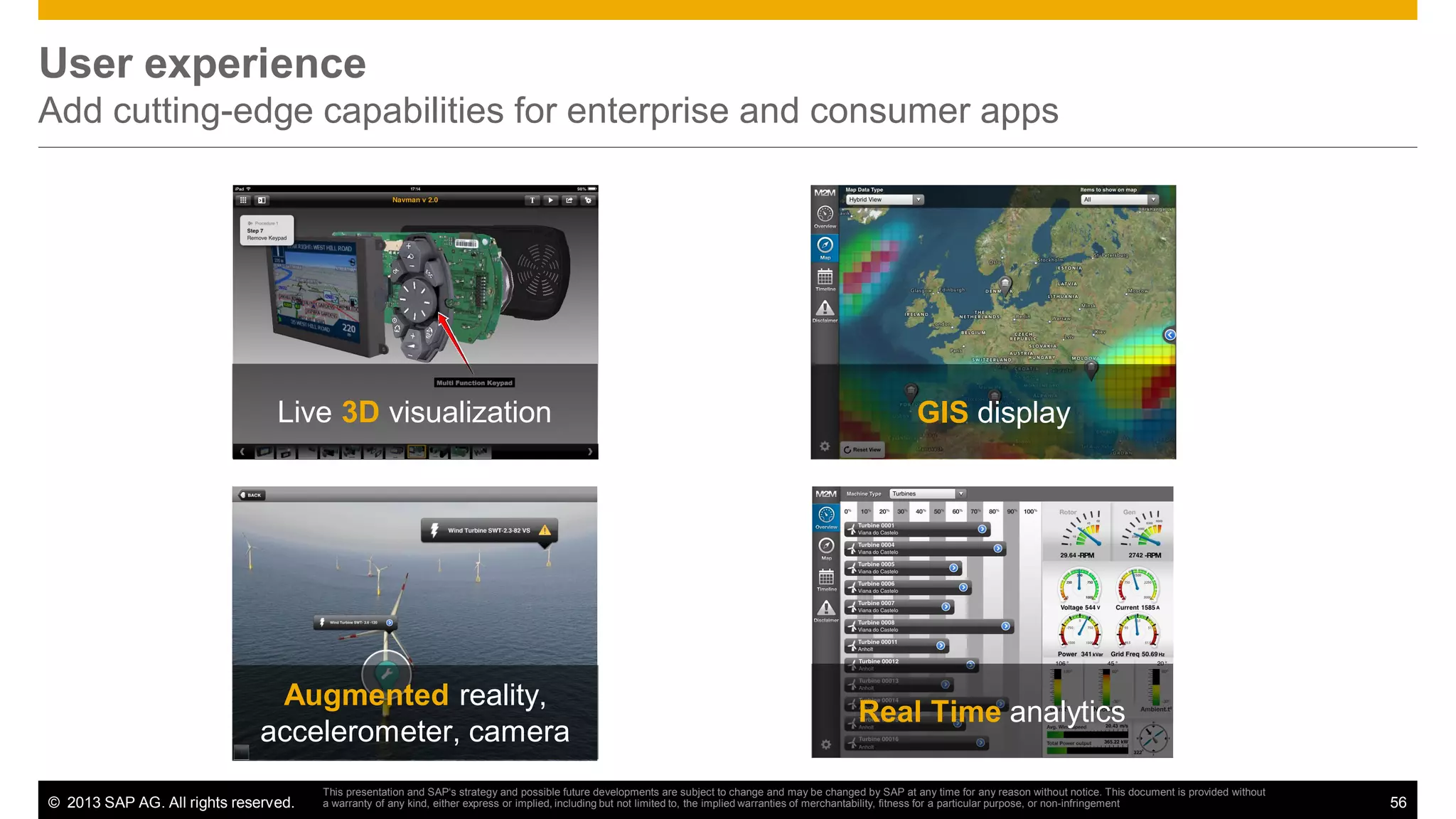 User experience
Add cutting-edge capabilities for enterprise and consumer apps

Live 3D visualization

GIS display

Augmented reality,
accelerometer, camera

Real Time analytics

© 2013 SAP AG. All rights reserved.

This presentation and SAP‘s strategy and possible future developments are subject to change and may be changed by SAP at any time for any reason without notice. This document is provided without
a warranty of any kind, either express or implied, including but not limited to, the implied warranties of merchantability, fitness for a particular purpose, or non-infringement

56

 