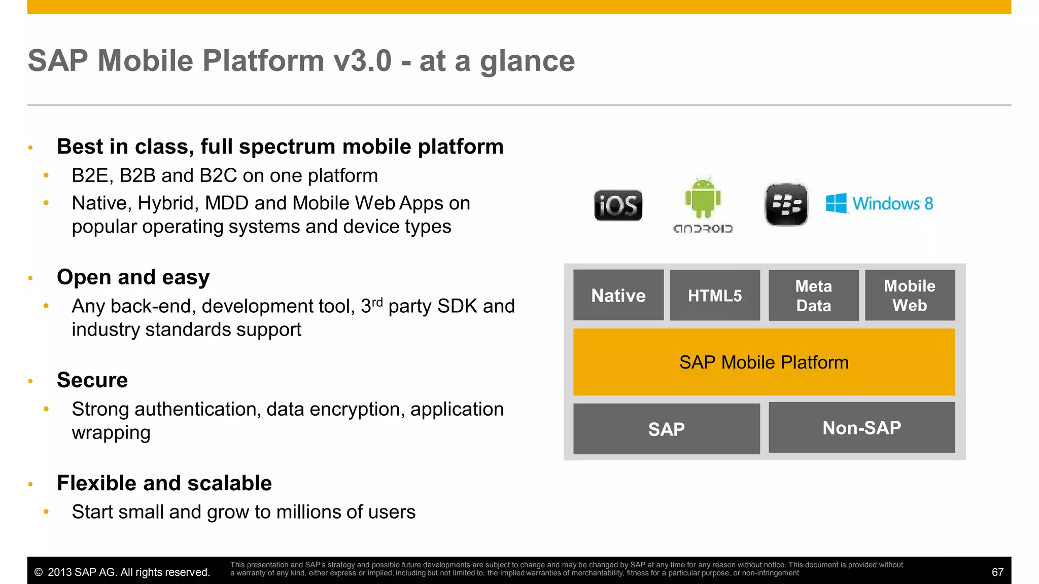 SAP Mobile Platform v3.0 - at a glance
Best in class, full spectrum mobile platform

•

•
•

B2E, B2B and B2C on one platform
Native, Hybrid, MDD and Mobile Web Apps on
popular operating systems and device types

Open and easy

•

•

Any back-end, development tool,
industry standards support

3rd

party SDK and

•

HTML5

Meta
Data

Mobile
Web

SAP Mobile Platform

Secure

•

Native

Strong authentication, data encryption, application
wrapping

SAP

Non-SAP

Flexible and scalable

•

•

Start small and grow to millions of users

© 2013 SAP AG. All rights reserved.

This presentation and SAP‘s strategy and possible future developments are subject to change and may be changed by SAP at any time for any reason without notice. This document is provided without
a warranty of any kind, either express or implied, including but not limited to, the implied warranties of merchantability, fitness for a particular purpose, or non-infringement

67

 