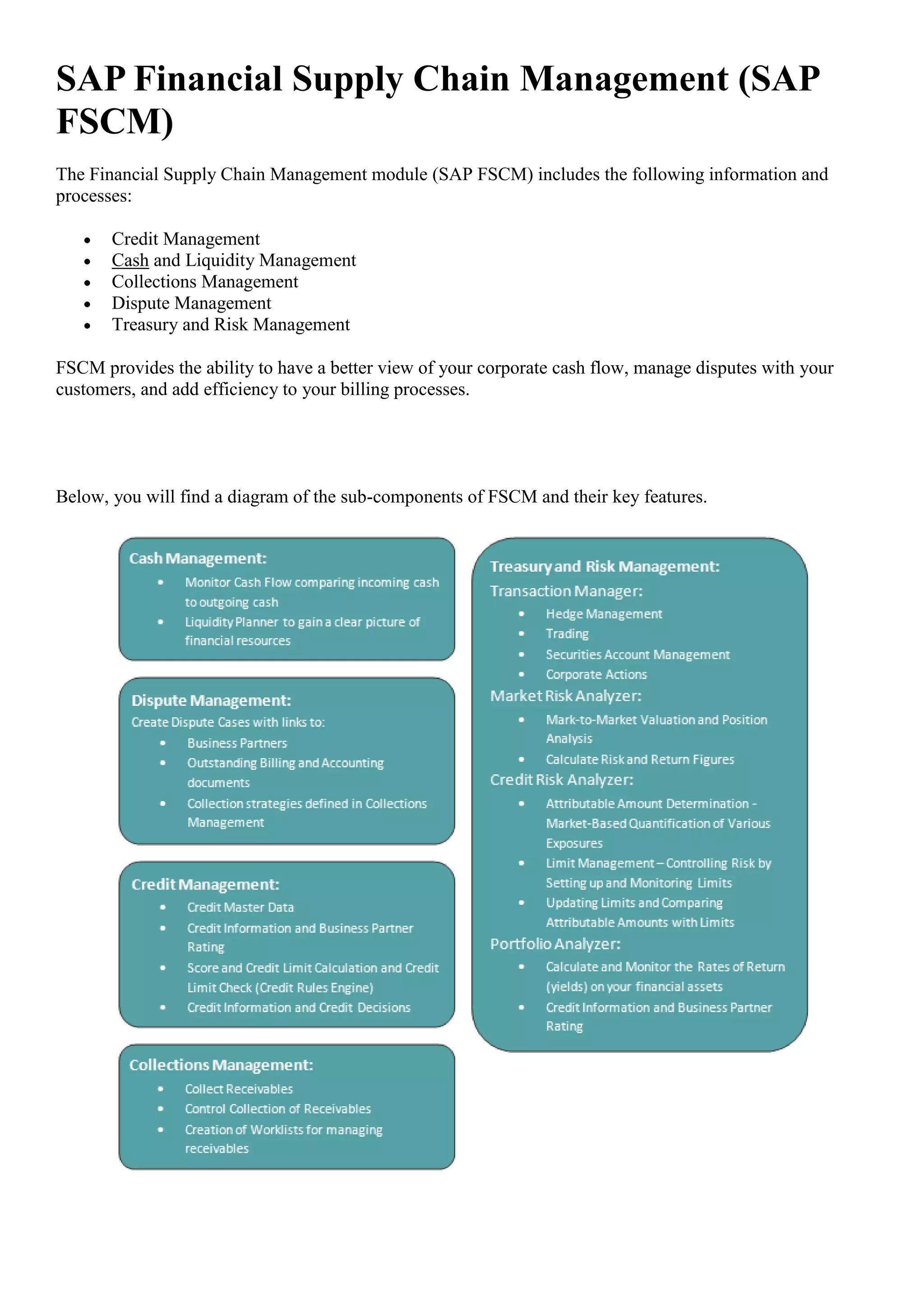 SAP Financial Supply Chain Management (SAP
FSCM)
The Financial Supply Chain Management module (SAP FSCM) includes the following information and
processes:

       Credit Management
       Cash and Liquidity Management
       Collections Management
       Dispute Management
       Treasury and Risk Management

FSCM provides the ability to have a better view of your corporate cash flow, manage disputes with your
customers, and add efficiency to your billing processes.




Below, you will find a diagram of the sub-components of FSCM and their key features.
 