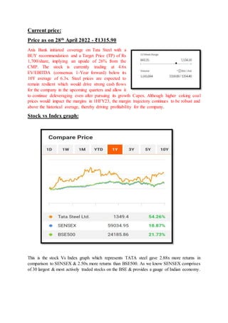 Current price:
Price as on 28th
April 2022 - ₹1315.90
Axis Bank initiated coverage on Tata Steel with a
BUY recommendation and a Target Price (TP) of Rs
1,700/share, implying an upside of 26% from the
CMP. The stock is currently trading at 4.6x
EV/EBITDA (consensus 1-Year forward) below its
10Y average of 6.3x. Steel prices are expected to
remain resilient which would drive strong cash flows
for the company in the upcoming quarters and allow it
to continue deleveraging even after pursuing its growth Capex. Although higher coking coal
prices would impact the margins in 1HFY23, the margin trajectory continues to be robust and
above the historical average, thereby driving profitability for the company.
Stock vs Index graph:
This is the stock Vs Index graph which represents TATA steel gave 2.88x more returns in
comparison to SENSEX & 2.50x more returns than BSE500. As we know SENSEX comprises
of 30 largest & most actively traded stocks on the BSE & provides a gauge of Indian economy.
 