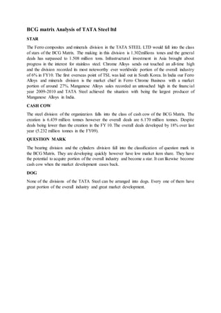 BCG matrix Analysis of TATA Steel ltd
STAR
The Ferro composites and minerals division in the TATA STEEL LTD would fall into the class
of stars of the BCG Matrix. The making in this division is 1.302millions tones and the general
deals has surpassed to 1.508 million tons. Infrastructural investment in Asia brought about
progress in the interest for stainless steel. Chrome Alloys sends out touched an all-time high
and the division recorded its most noteworthy ever worldwide portion of the overall industry
of 6% in FY10. The first overseas point of TSL was laid out in South Korea. In India our Ferro
Alloys and minerals division is the market chief in Ferro Chrome Business with a market
portion of around 27%. Manganese Alloys sales recorded an untouched high in the financial
year 2009-2010 and TATA Steel achieved the situation with being the largest producer of
Manganese Alloys in India.
CASH COW
The steel division of the organization falls into the class of cash cow of the BCG Matrix. The
creation is 6.439 million tonnes however the overall deals are 6.170 million tonnes. Despite
deals being lower than the creation in the FY 10. The overall deals developed by 18% over last
year (5.232 million tonnes in the FY09).
QUESTION MARK
The bearing division and the cylinders division fall into the classification of question mark in
the BCG Matrix. They are developing quickly however have low market item share. They have
the potential to acquire portion of the overall industry and become a star. It can likewise become
cash cow when the market development eases back.
DOG
None of the divisions of the TATA Steel can be arranged into dogs. Every one of them have
great portion of the overall industry and great market development.
 