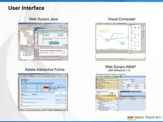 User Interface
        Web Dynpro Java          Visual Composer




                                Web Dynpro ABAP
      Adobe Interactive Forms    (SAP Netweaver 7.3)
 