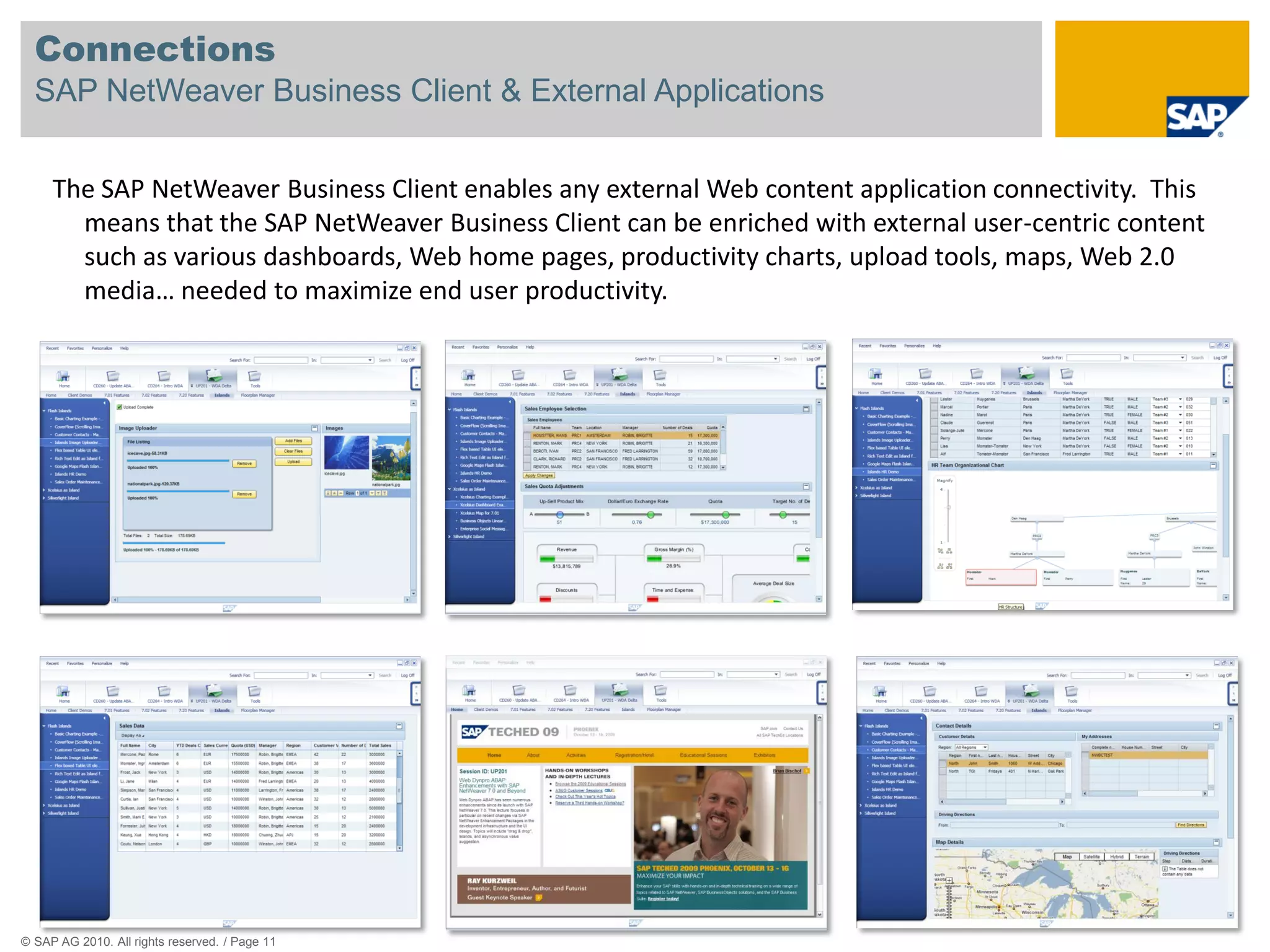 Connections
  SAP NetWeaver Business Client & External Applications


     The SAP NetWeaver Business Client enables any external Web content application connectivity. This
       means that the SAP NetWeaver Business Client can be enriched with external user-centric content
       such as various dashboards, Web home pages, productivity charts, upload tools, maps, Web 2.0
       media… needed to maximize end user productivity.




© SAP AG 2010. All rights reserved. / Page 11
 