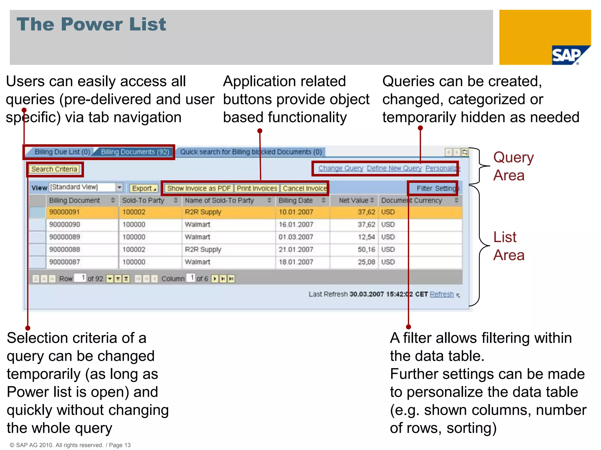 The Power List


Users can easily access all     Application related    Queries can be created,
queries (pre-delivered and user buttons provide object changed, categorized or
specific) via tab navigation    based functionality    temporarily hidden as needed

                                                                       Query
                                                                       Area



                                                                       List
                                                                       Area




Selection criteria of a                                A filter allows filtering within
query can be changed                                   the data table.
temporarily (as long as                                Further settings can be made
Power list is open) and                                to personalize the data table
quickly without changing                               (e.g. shown columns, number
the whole query                                        of rows, sorting)
© SAP AG 2010. All rights reserved. / Page 13
 