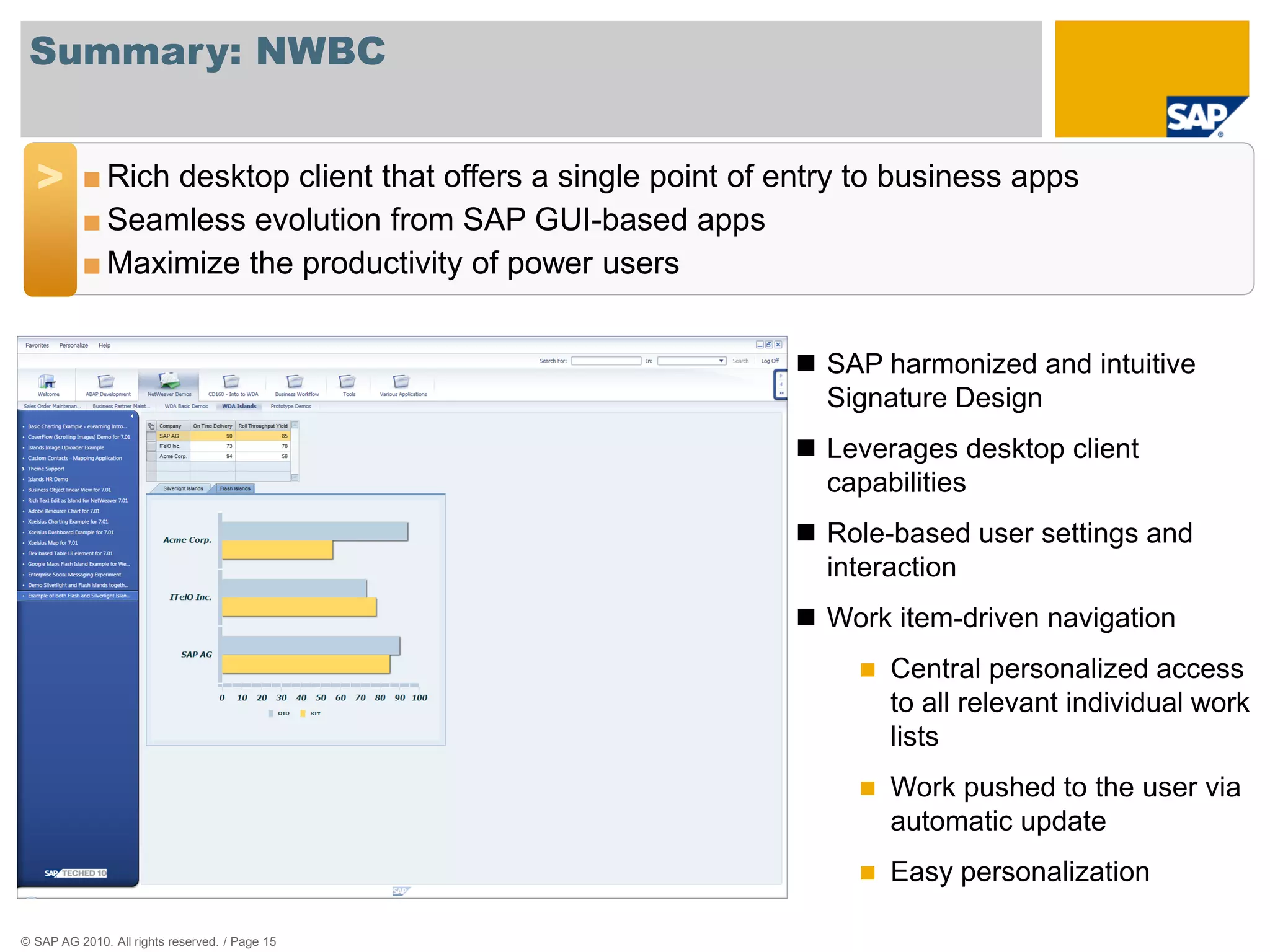 Summary: NWBC


  >       ■ Rich desktop client that offers a single point of entry to business apps
          ■ Seamless evolution from SAP GUI-based apps
          ■ Maximize the productivity of power users


                                                               SAP harmonized and intuitive
                                                                Signature Design
                                                               Leverages desktop client
                                                                capabilities
                                                               Role-based user settings and
                                                                interaction
                                                               Work item-driven navigation
                                                                      Central personalized access
                                                                       to all relevant individual work
                                                                       lists
                                                                      Work pushed to the user via
                                                                       automatic update
                                                                      Easy personalization

© SAP AG 2010. All rights reserved. / Page 15
 