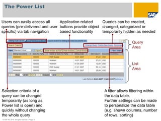 The Power List


Users can easily access all     Application related    Queries can be created,
queries (pre-delivered and user buttons provide object changed, categorized or
specific) via tab navigation    based functionality    temporarily hidden as needed

                                                                       Query
                                                                       Area



                                                                       List
                                                                       Area




Selection criteria of a                                A filter allows filtering within
query can be changed                                   the data table.
temporarily (as long as                                Further settings can be made
Power list is open) and                                to personalize the data table
quickly without changing                               (e.g. shown columns, number
the whole query                                        of rows, sorting)
© SAP AG 2010. All rights reserved. / Page 13
 