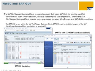NWBC and SAP GUI


     The SAP NetWeaver Business Client is an environment that hosts SAP GUIs to provide a unified
       environment with a more efficient, intuitive and complete user experience. Within the SAP
       NetWeaver Business Client you can move seamlessly between Web Dynpro and SAP GUI transactions.

           For SAP GUI to run within the SAP NetWeaver Business Client, SAP GUI must be installed (as part of the SAP
           NetWeaver Business Client installation or separately).


                                                                           SAP GUI with SAP NetWeaver Business Client




                               SAP GUI Standalone

© SAP AG 2010. All rights reserved. / Page 10
 