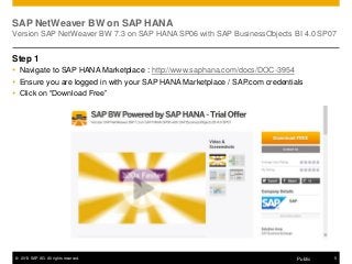 © 2013 SAP AG. All rights reserved. 5Public
SAP NetWeaver BW on SAP HANA
Version SAP NetWeaver BW 7.3 on SAP HANA SP06 wit...