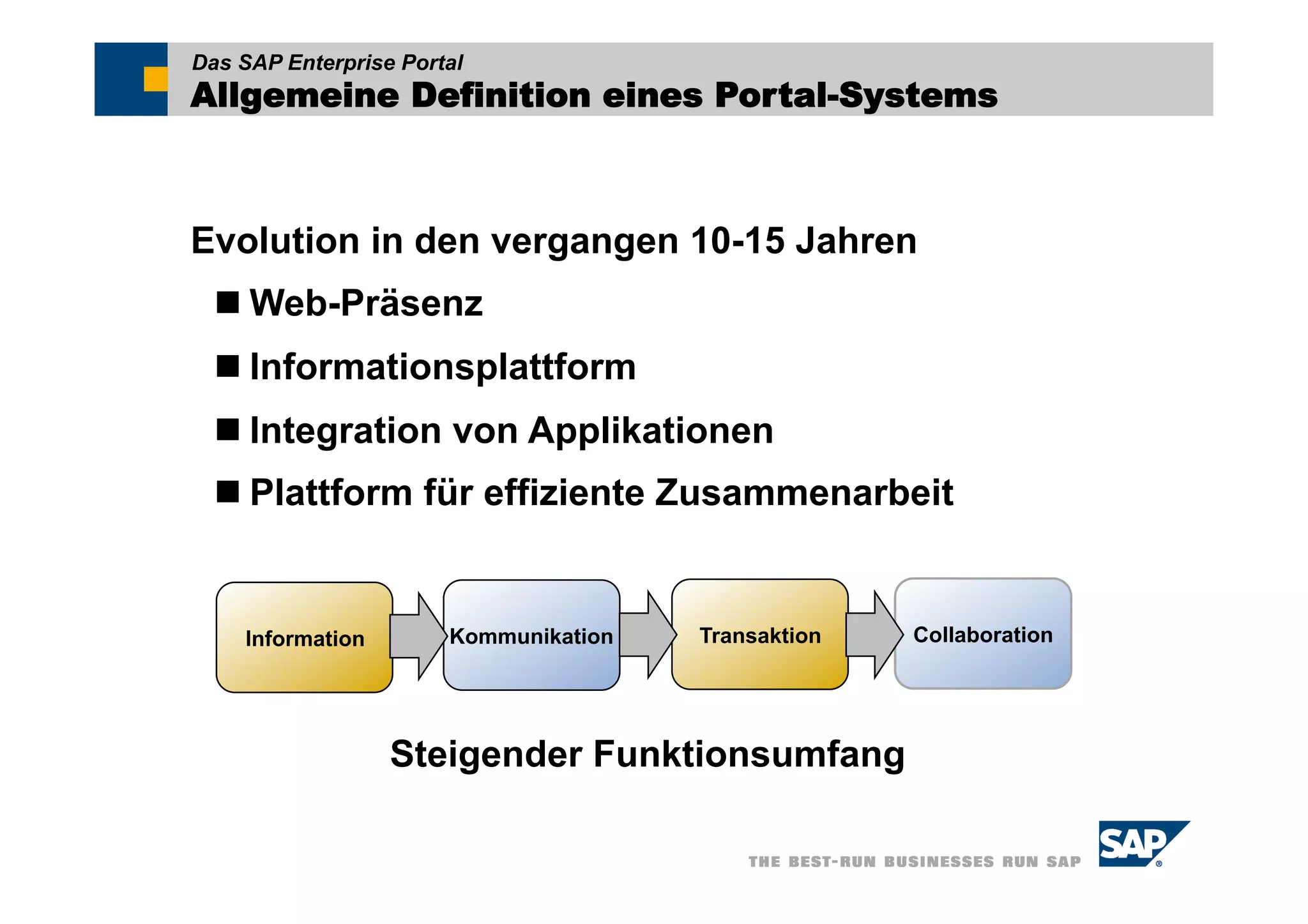 Das SAP Enterprise Portal
Allgemeine Definition eines Portal-Systems



Evolution in den vergangen 10-15 Jahren
   Web-Präsenz
   Informationsplattform
   Integration von Applikationen
   Plattform für effiziente Zusammenarbeit


    Information        Kommunikation   Transaktion   Collaboration




                  Steigender Funktionsumfang
 