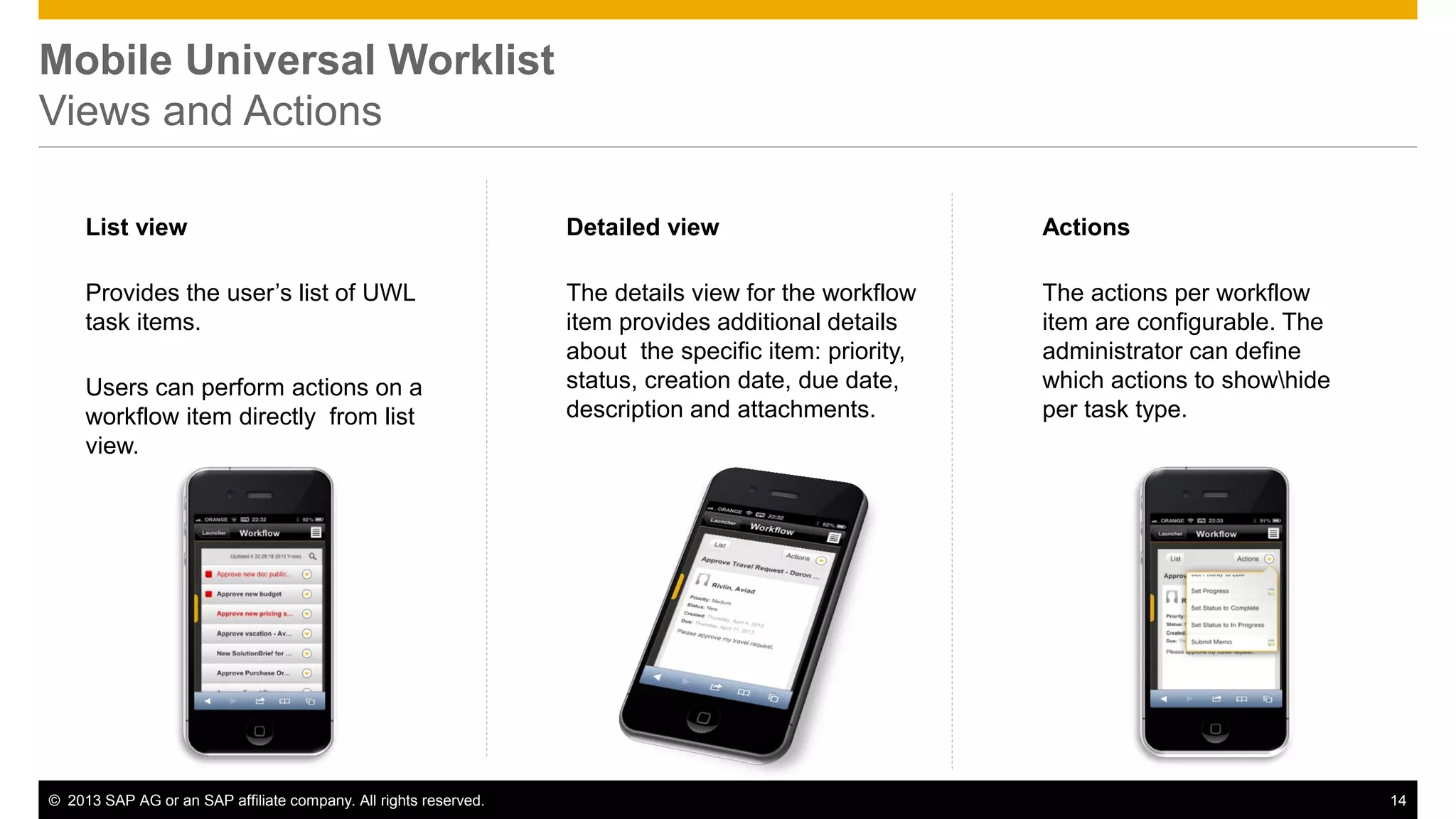 Mobile Universal Worklist
Views and Actions
List view

Detailed view

Actions

Provides the user’s list of UWL
task items.

The details view for the workflow
item provides additional details
about the specific item: priority,
status, creation date, due date,
description and attachments.

The actions per workflow
item are configurable. The
administrator can define
which actions to showhide
per task type.

Users can perform actions on a
workflow item directly from list
view.

© 2013 SAP AG or an SAP affiliate company. All rights reserved.

14

 