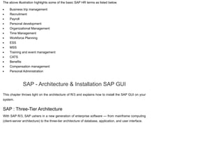 The above illustration highlights some of the basic SAP HR terms as listed below.
Business trip management
Recruitment
Payroll
Personal development
Organizational Management
Time Management
Workforce Planning
ESS
MSS
Training and event management
CATS
Benefits
Compensation management
Personal Administration
SAP - Architecture & Installation SAP GUI
This chapter throws light on the architecture of R/3 and explains how to install the SAP GUI on your
system.
SAP : Three-Tier Architecture
With SAP R/3, SAP ushers in a new generation of enterprise software — from mainframe computing
(client-server architecture) to the three-tier architecture of database, application, and user interface.
 