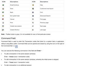 ICON Descriptions ICON Descriptions
Enter/Continue Help
Save Customize local layout
Back Find
Exit system task Advanced Search
Cancel First page
Print Previous page
Create new session Next page
Create Shortcut Last page
Note − Toolbar button is gray; it is not available for use on that particular screen.
Command Field
Command field is used to enter the Transaction codes that direct to a system task or application
without using Menu paths. Command field can be opened and closed by using the icon on the right of
the Command Bar i.e.
You can execute the following commands in this field with Enter −
To call a transaction in the same session (window)
Enter − /nxxxx (xxxx = transaction code)
To call a transaction in the same session (window), whereby the initial screen is skipped
Enter − /*xxxx (xxxx = transaction code)
To call a transaction in an additional session
 
