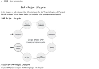 SPAD − Spool administration
SAP - Project Lifecycle
In this chapter, we will understand the different phases of a SAP Project Lifecycle. A SAP project
lifecycle consists of various stages, starting from evaluation to the project’s subsequent support.
SAP Project Lifecycle
Stages of SAP Project Lifecycle
A typical SAP project undergoes the following stages in its lifecycle −
 
