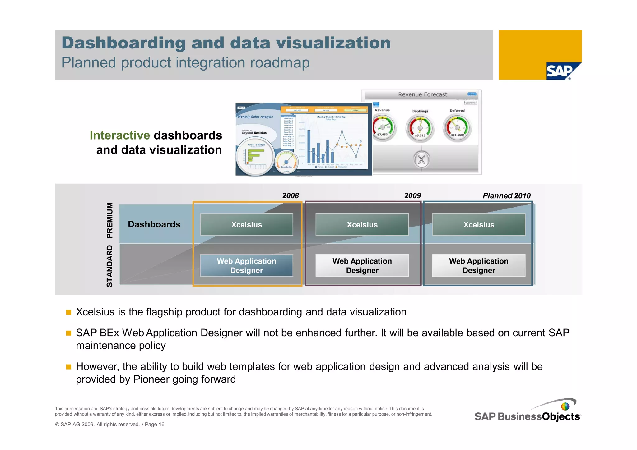 Dashboarding and data visualization
   Planned product integration roadmap



                 Interactive dashboards
                  and data visualization


                                                                                                                     2008                                                           2009                      Planned 2010
                          STANDARD PREMIUM




                                             Dashboards                                    Xcelsius                                                   Xcelsius                                           Xcelsius



                                                                                   Web Application                                             Web Application                                        Web Application
                                                                                     Designer                                                    Designer                                               Designer




          Xcelsius is the flagship product for dashboarding and data visualization
          SAP BEx Web Application Designer will not be enhanced further. It will be available based on current SAP
          maintenance policy

          However, the ability to build web templates for web application design and advanced analysis will be
          provided by Pioneer going forward

This presentation and SAP's strategy and possible future developments are subject to change and may be changed by SAP at any time for any reason without notice. This document is
provided without a warranty of any kind, either express or implied, including but not limited to, the implied warranties of merchantability, fitness for a particular purpose, or non-infringement.

© SAP AG 2009. All rights reserved. / Page 16
 