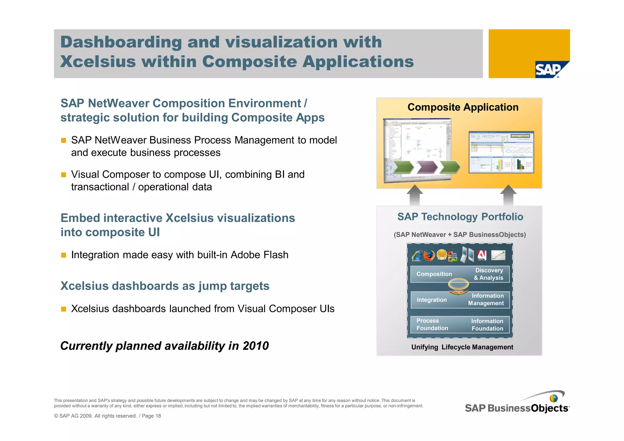 Dashboarding and visualization with
   Xcelsius within Composite Applications

   SAP NetWeaver Composition Environment /                                                                                                                                                Composite Application
   strategic solution for building Composite Apps
         SAP NetWeaver Business Process Management to model
         and execute business processes

         Visual Composer to compose UI, combining BI and
         transactional / operational data


   Embed interactive Xcelsius visualizations                                                                                                                                         SAP Technology Portfolio
   into composite UI                                                                                                                                                               (SAP NetWeaver + SAP BusinessObjects)


         Integration made easy with built-in Adobe Flash
                                                                                                                                                                                                              Discovery
                                                                                                                                                                                               Composition
                                                                                                                                                                                                              & Analysis
   Xcelsius dashboards as jump targets
                                                                                                                                                                                                              Information
                                                                                                                                                                                               Integration
                                                                                                                                                                                                             Management
         Xcelsius dashboards launched from Visual Composer UIs
                                                                                                                                                                                               Process        Information
                                                                                                                                                                                               Foundation     Foundation


   Currently planned availability in 2010                                                                                                                                                   Unifying Lifecycle Management




This presentation and SAP's strategy and possible future developments are subject to change and may be changed by SAP at any time for any reason without notice. This document is
provided without a warranty of any kind, either express or implied, including but not limited to, the implied warranties of merchantability, fitness for a particular purpose, or non-infringement.

© SAP AG 2009. All rights reserved. / Page 18
 
