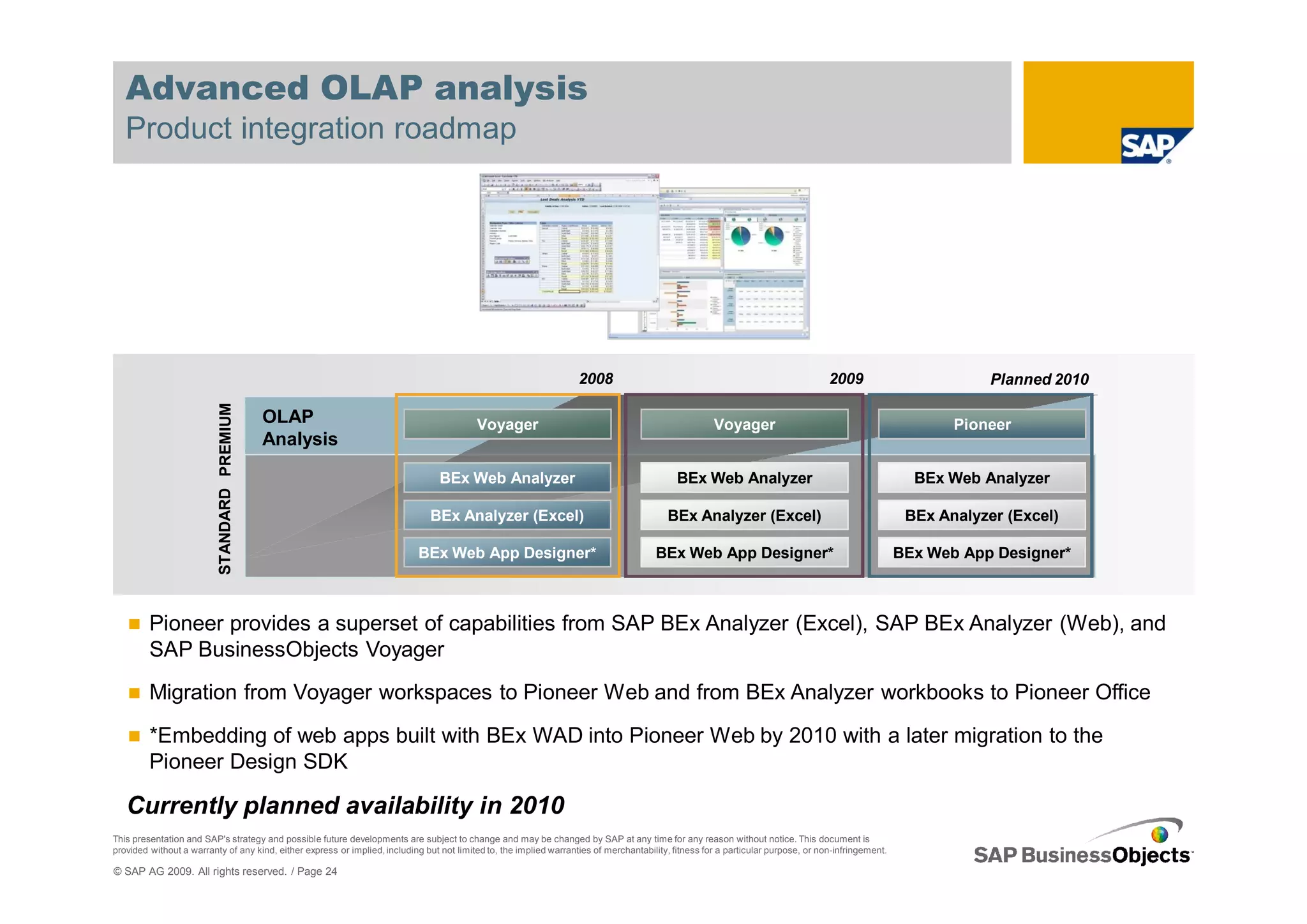 Advanced OLAP analysis
   Product integration roadmap




                                                                                                                     2008                                                           2009                          Planned 2010
                          STANDARD PREMIUM




                                             OLAP                                          Voyager                                                     Voyager                                               Pioneer
                                             Analysis

                                                                                  BEx Web Analyzer                                            BEx Web Analyzer                                          BEx Web Analyzer

                                                                               BEx Analyzer (Excel)                                        BEx Analyzer (Excel)                                        BEx Analyzer (Excel)

                                                                            BEx Web App Designer*                                       BEx Web App Designer*                                         BEx Web App Designer*



         Pioneer provides a superset of capabilities from SAP BEx Analyzer (Excel), SAP BEx Analyzer (Web), and
         SAP BusinessObjects Voyager
         Migration from Voyager workspaces to Pioneer Web and from BEx Analyzer workbooks to Pioneer Office

         *Embedding of web apps built with BEx WAD into Pioneer Web by 2010 with a later migration to the
         Pioneer Design SDK

   Currently planned availability in 2010
This presentation and SAP's strategy and possible future developments are subject to change and may be changed by SAP at any time for any reason without notice. This document is
provided without a warranty of any kind, either express or implied, including but not limited to, the implied warranties of merchantability, fitness for a particular purpose, or non-infringement.

© SAP AG 2009. All rights reserved. / Page 24
 