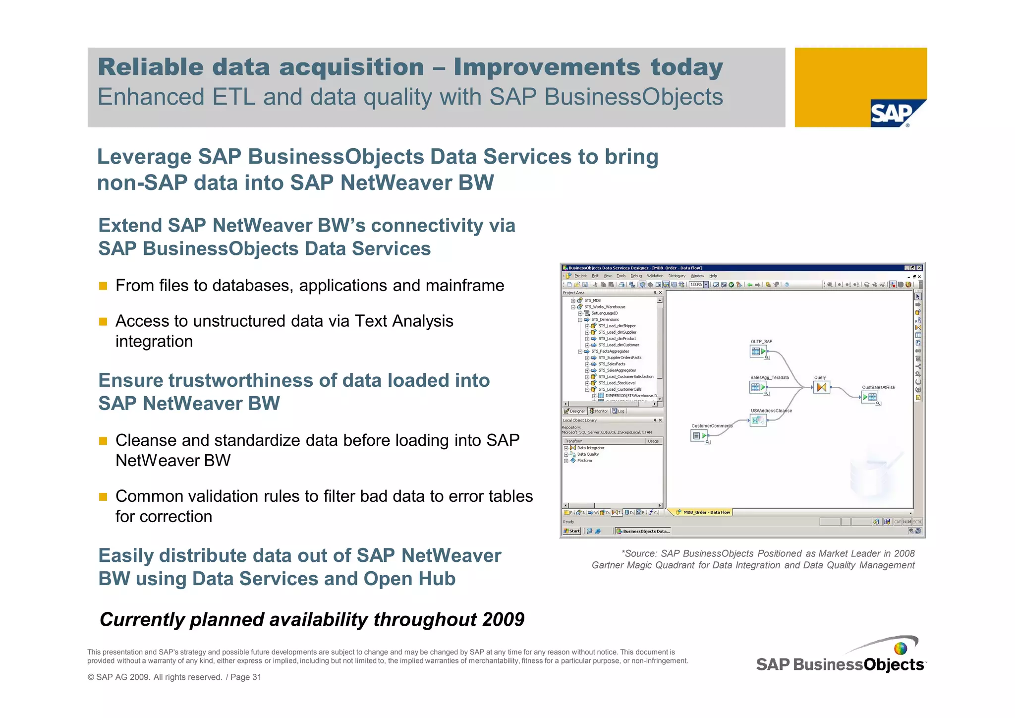 Reliable data acquisition – Improvements today
   Enhanced ETL and data quality with SAP BusinessObjects

   Leverage SAP BusinessObjects Data Services to bring
   non-SAP data into SAP NetWeaver BW
   Extend SAP NetWeaver BW’s connectivity via
   SAP BusinessObjects Data Services
         From files to databases, applications and mainframe

         Access to unstructured data via Text Analysis
         integration

   Ensure trustworthiness of data loaded into
   SAP NetWeaver BW
         Cleanse and standardize data before loading into SAP
         NetWeaver BW

         Common validation rules to filter bad data to error tables
         for correction

   Easily distribute data out of SAP NetWeaver                                                                                                                           *Source: SAP BusinessObjects Positioned as Market Leader in 2008
                                                                                                                                                                   Gartner Magic Quadrant for Data Integration and Data Quality Management
   BW using Data Services and Open Hub

   Currently planned availability throughout 2009
This presentation and SAP's strategy and possible future developments are subject to change and may be changed by SAP at any time for any reason without notice. This document is
provided without a warranty of any kind, either express or implied, including but not limited to, the implied warranties of merchantability, fitness for a particular purpose, or non-infringement.

© SAP AG 2009. All rights reserved. / Page 31
 