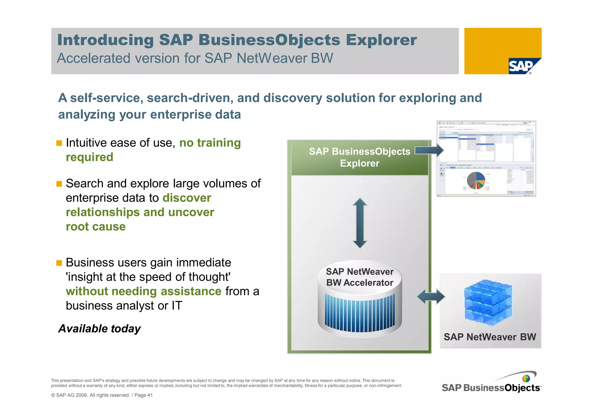 Introducing SAP BusinessObjects Explorer
   Accelerated version for SAP NetWeaver BW

   A self-service, search-driven, and discovery solution for exploring and
   analyzing your enterprise data

        Intuitive ease of use, no training
                                                                                                                                               SAP BusinessObjects
        required                                                                                                                                    Explorer

        Search and explore large volumes of
        enterprise data to discover
        relationships and uncover
        root cause


        Business users gain immediate
                                                                                                                                                        SAP NetWeaver
        'insight at the speed of thought'                                                                                                               BW Accelerator
        without needing assistance from a
        business analyst or IT
   Available today
                                                                                                                                                                                                      SAP NetWeaver BW



This presentation and SAP's strategy and possible future developments are subject to change and may be changed by SAP at any time for any reason without notice. This document is
provided without a warranty of any kind, either express or implied, including but not limited to, the implied warranties of merchantability, fitness for a particular purpose, or non-infringement.

© SAP AG 2009. All rights reserved. / Page 41
 