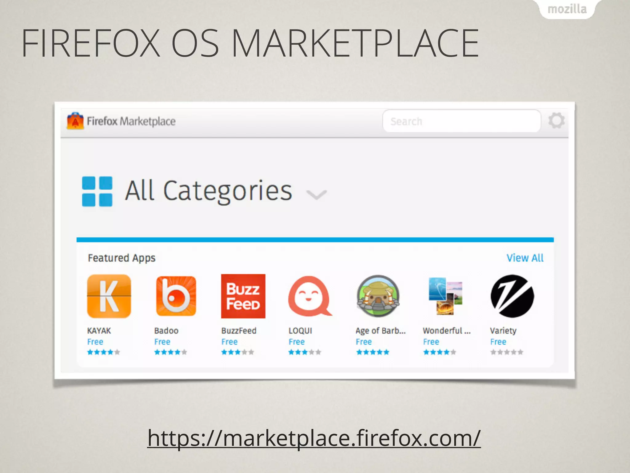 FIREFOX OS MARKETPLACE
https://marketplace.ﬁrefox.com/
 