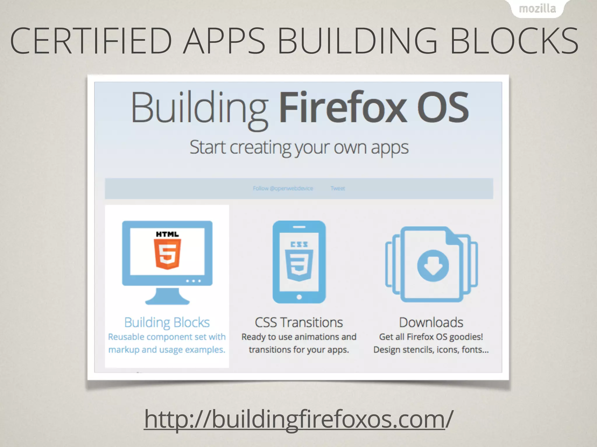 CERTIFIED APPS BUILDING BLOCKS
http://buildingfirefoxos.com/
 