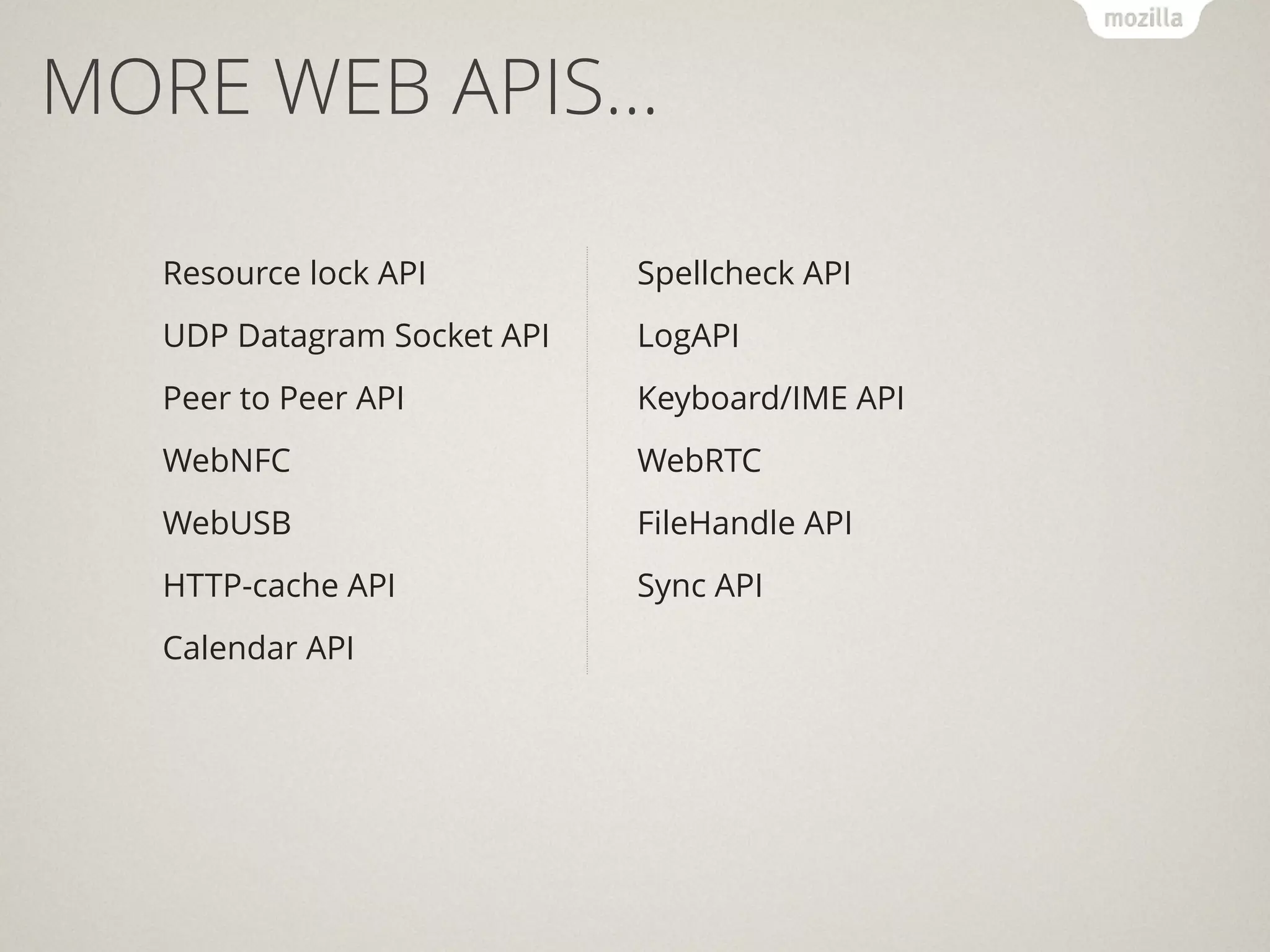 MORE WEB APIS…
Resource lock API
UDP Datagram Socket API
Peer to Peer API
WebNFC
WebUSB
HTTP-cache API
Calendar API
Spellcheck API
LogAPI
Keyboard/IME API
WebRTC
FileHandle API
Sync API
 