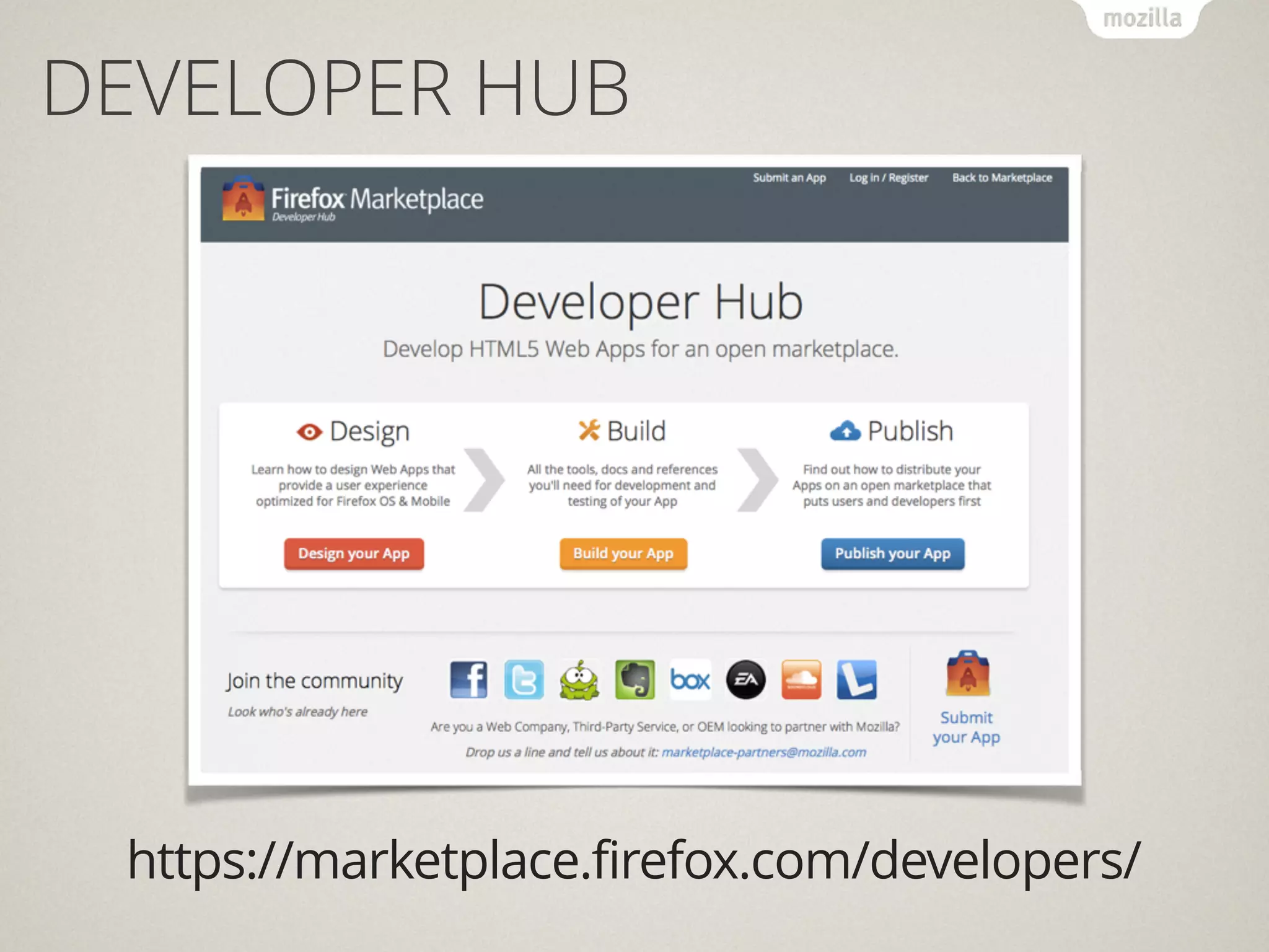 https://marketplace.firefox.com/developers/
DEVELOPER HUB
 