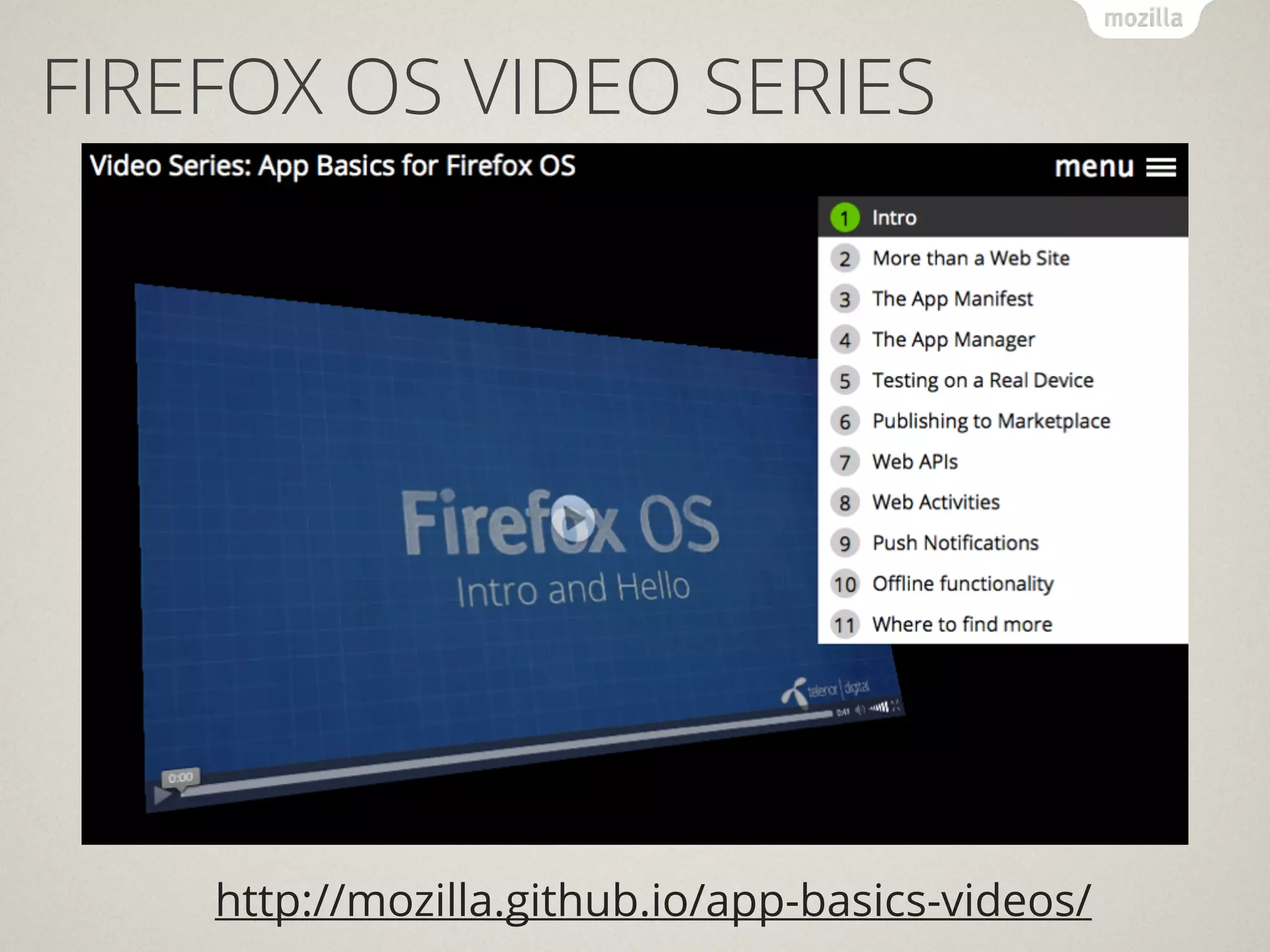 http://mozilla.github.io/app-basics-videos/
FIREFOX OS VIDEO SERIES
 
