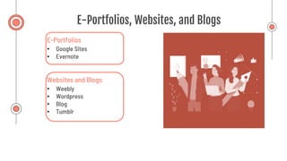 E-Portfolios, Websites, and Blogs
E-Portfolios
• Google Sites
• Evernote
Websites and Blogs
• Weebly
• Wordpress
• Blog
• Tumblr
 