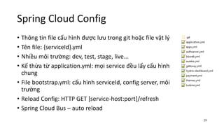Spring Cloud Config
• Thông tin file cấu hình được lưu trong git hoặc file vật lý
• Tên file: {serviceId}.yml
• Nhiều môi trường: dev, test, stage, live...
• Kế thừa từ application.yml: mọi service đều lấy cấu hình
chung
• File bootstrap.yml: cấu hình serviceId, config server, môi
trường
• Reload Config: HTTP GET [service-host:port]/refresh
• Spring Cloud Bus – auto reload
20
 
