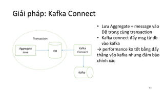 Giải pháp: Kafka Connect
43
Aggregate
save
Kafka
ConnectDB
Kafka
Transaction
• Lưu Aggregate + message vào
DB trong cùng transaction
• Kafka connect đẩy msg từ db
vào kafka
→ performance ko tốt bằng đẩy
thằng vào kafka nhưng đảm bảo
chính xác
 