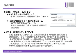 EBSの種類


n EBS&emsp;　ボリュームタイプ
   l  EBS &nbsp;スタンダードボリューム
&emsp;　      通常のストレージ。性能はベストエフォート

    l  EBS &nbsp;プロビジョンド &nbsp;IOPS &nbsp;ボリューム
&emsp;　       IOPSを指定可能なボリューム
&emsp;　       １ボリュームあたり最⼤大２０００IOPSまで
&emsp;　&emsp;　&emsp;　&emsp;　指定可能

n  EBS&emsp;　最適化インスタンス
&emsp;　&emsp;　&emsp;　EBS &nbsp;最適化インスタンスは、Amazon &nbsp;EC2 &nbsp;と &nbsp;Amazon &nbsp;EBS &nbsp;の間で
&emsp;　&emsp;　&emsp;　所定のスループットを実現するものであり、使⽤用されるインスタンス
&emsp;　&emsp;　&emsp;　タイプに応じて &nbsp;500 &nbsp;Mbps〜～1000 &nbsp;Mbps &nbsp;の範囲内で選択できます。
&emsp;　&emsp;　&emsp;　EBS &nbsp;最適化インスタンスに接続されたプロビジョンド &nbsp;IOPS &nbsp;ボリュームは、
&emsp;　&emsp;　&emsp;　プロビジョニングされた &nbsp;IOPS &nbsp;の&plusmn;10% &nbsp;以内のパフォーマンスを &nbsp;
&emsp;　&emsp;　&emsp;　99.9% &nbsp;の確率率率で発揮するように設計されています。
&emsp;　&emsp;　
&copy; 2012 QUNIE CORPORATION. All rights reserved.!      12
 
