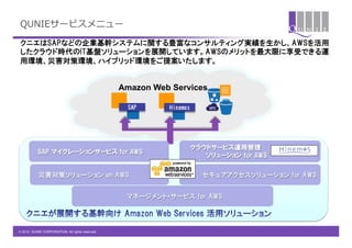 QUNIEサービスメニュー

 クニエはSAPなどの企業基幹システムに関する豊富なコンサルティング実績を生かし、AWSを活用
 したクラウド時代のIT基盤ソリューションを展開しています。AWSのメリットを最大限に享受できる運
 用環境、災害対策環境、ハイブリッド環境をご提案いたします。


                                                  Amazon Web Services

                                                   SAP        Hinemos




     &nbsp; &nbsp;                                                           &nbsp; &nbsp; &nbsp;クラウドサービス運用管理
            &nbsp; &nbsp;SAP &nbsp;マイグレーションサービス &nbsp;for &nbsp;AWS
                                                                  　　　　　ソリューション &nbsp;for &nbsp;AWS

            &nbsp; &nbsp;災害対策ソリューション &nbsp;on &nbsp;AWS                                     セキュアアクセスソリューション &nbsp;for &nbsp;AWS


                                                   &nbsp; &nbsp;マネージメント・サービス &nbsp;for &nbsp;AWS




&copy; 2012 QUNIE CORPORATION. All rights reserved.!
 