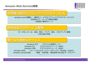 Amazon &nbsp;Web &nbsp;Services概要


     世界最大級のパブリッククラウドサービス
                     &bull; amazon.comが運営し、業界をリードするパブリッククラウドサービスです
                                    &bull; 2006年年より、サービス提供を開始
                                          &bull; 技術⾯面で業界をリード


     世界各国でのサービス展開
                             &bull; データセンターは、⽶米国、欧州、アジア、南⽶米、オセアニアに展開
                                           &bull; 190カ国で利利⽤用


     様々な先進的なサービス
                                    &bull; Amazon &nbsp;EC2    クラウドの仮想サーバー
                                 &bull; Amazon &nbsp;S3      クラウドのストレージ（NAS）
                                 &bull; Amazon &nbsp;EBS    クラウドのストレージ（SAN）
                     &bull; Amazon &nbsp;RDS      リレーショナルデータベースサービス（MySQL, &nbsp;Oralce）
                   &bull; Amazon &nbsp;DynamoDB          ⾼高速・予測可能・⾼高拡張性のNoSQLデータストア
                                                  &bull; ・・・・・

&copy; 2012 QUNIE CORPORATION. All rights reserved.!                             6	
 &nbsp;	
 &nbsp;	
 &nbsp;
 